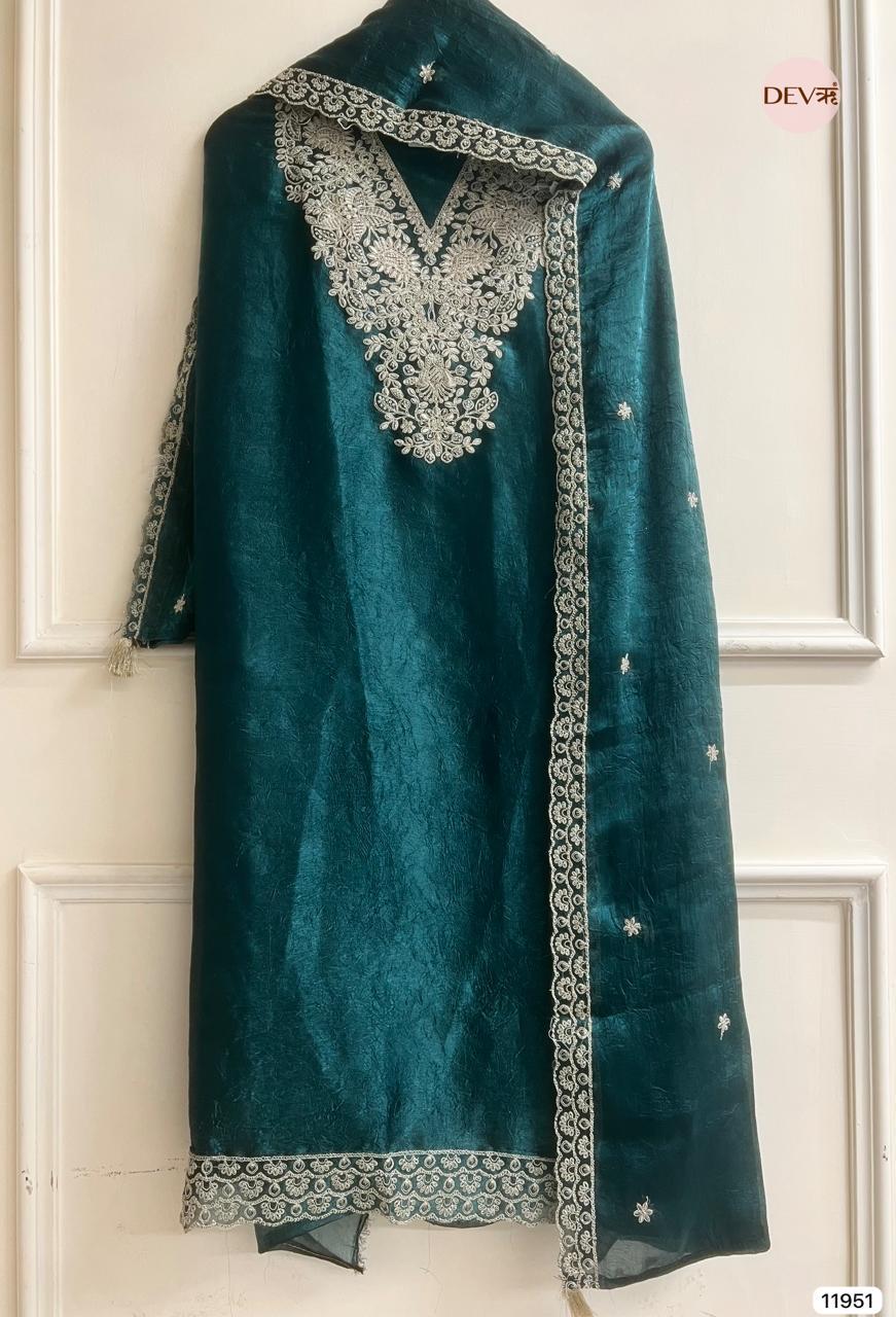 Teal Crush Tissue Embroidered Unstitched 3-Piece Suit (Devri – D.No 11951)