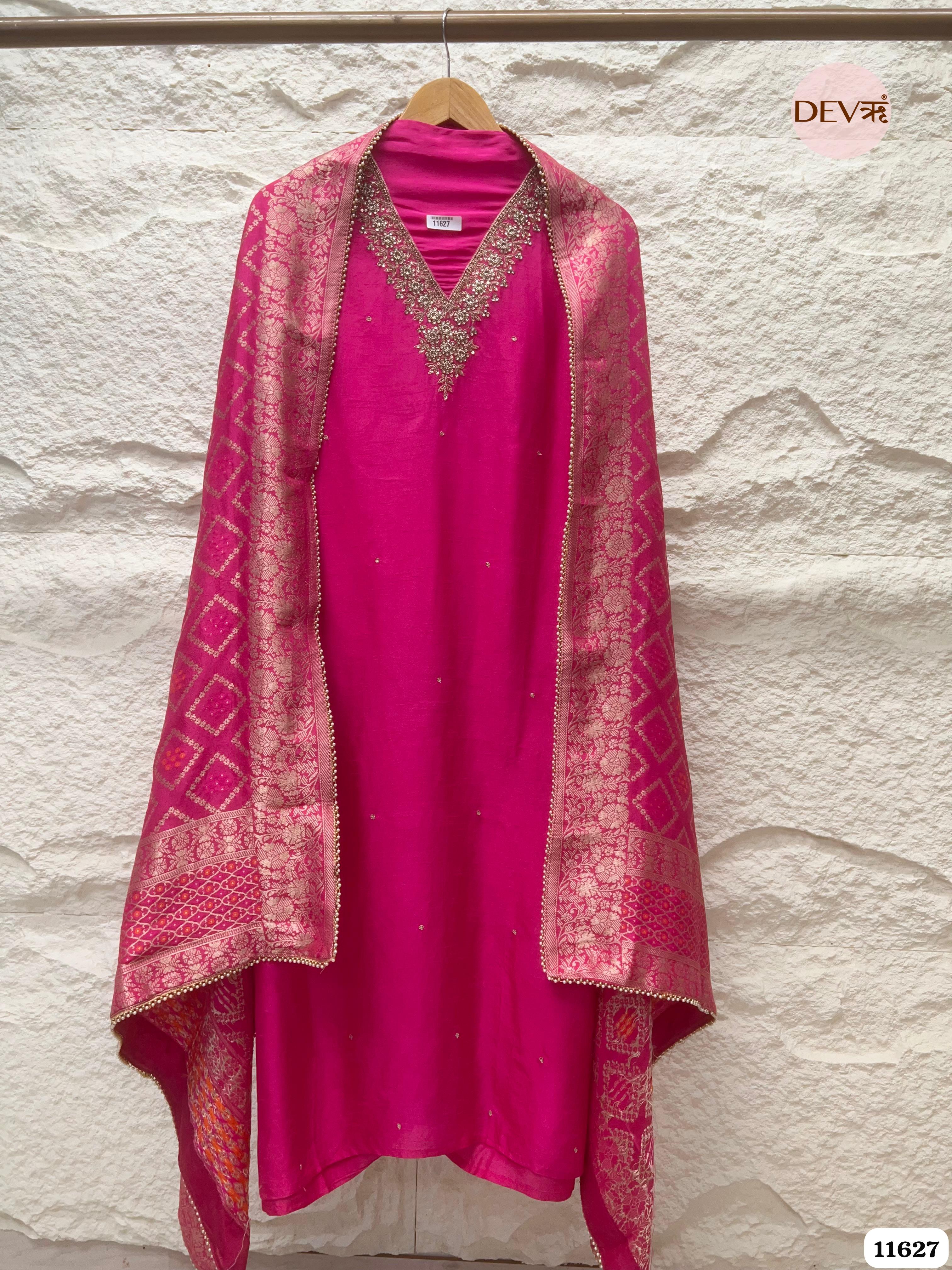 Hot Pink Pure Russian Silk Unstitched Hand Embroidered -Set Of 3 {11627}