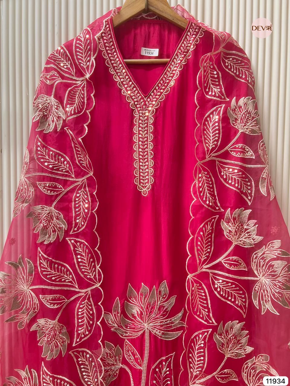 Pink Glass Tissue Silk Unstitched Embroidered -Set Of 3 - {11934}