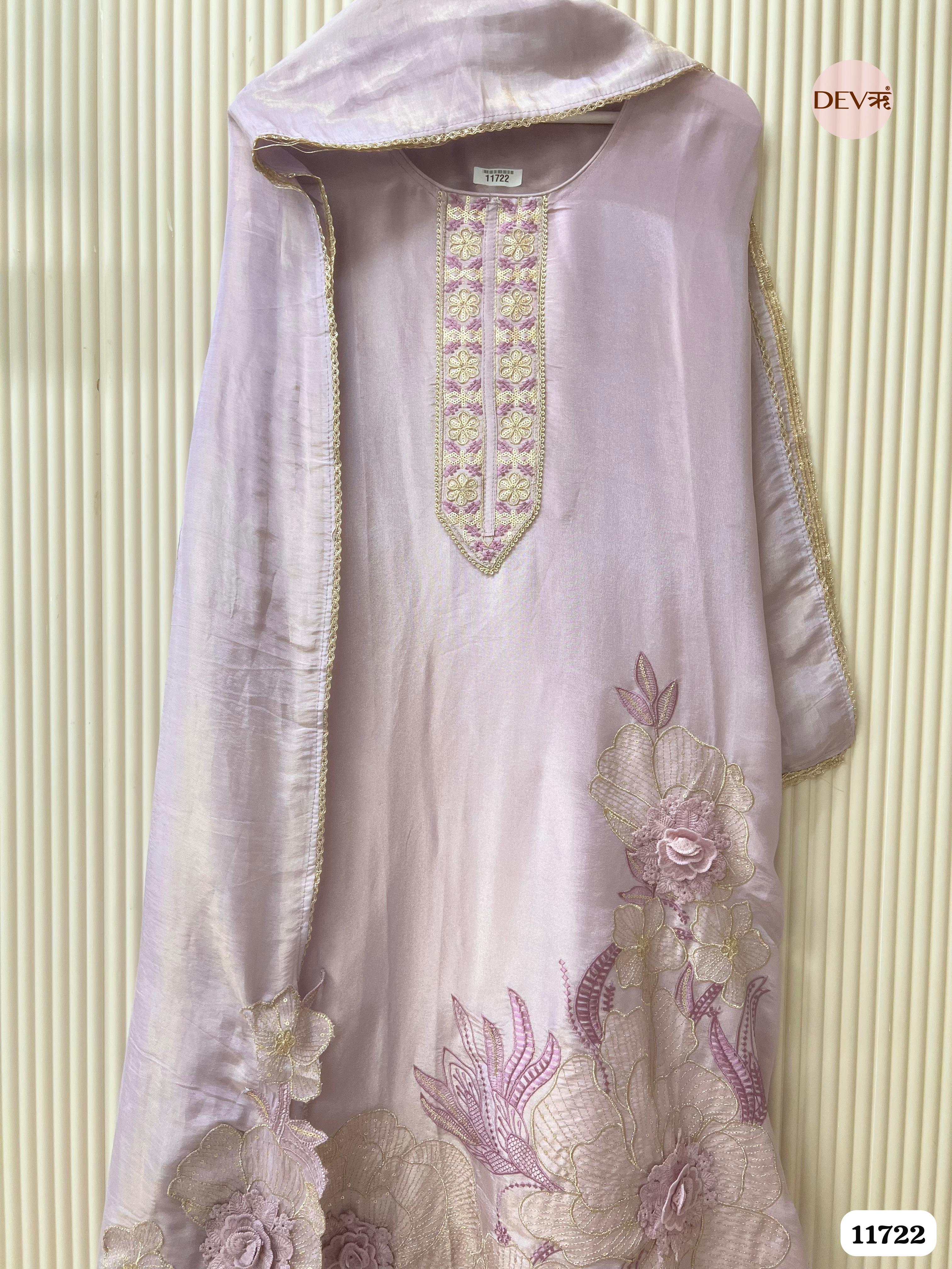 Light Purple Tissue Shimmer Silk Unstitched Embroidered -Set Of 3- {11722}