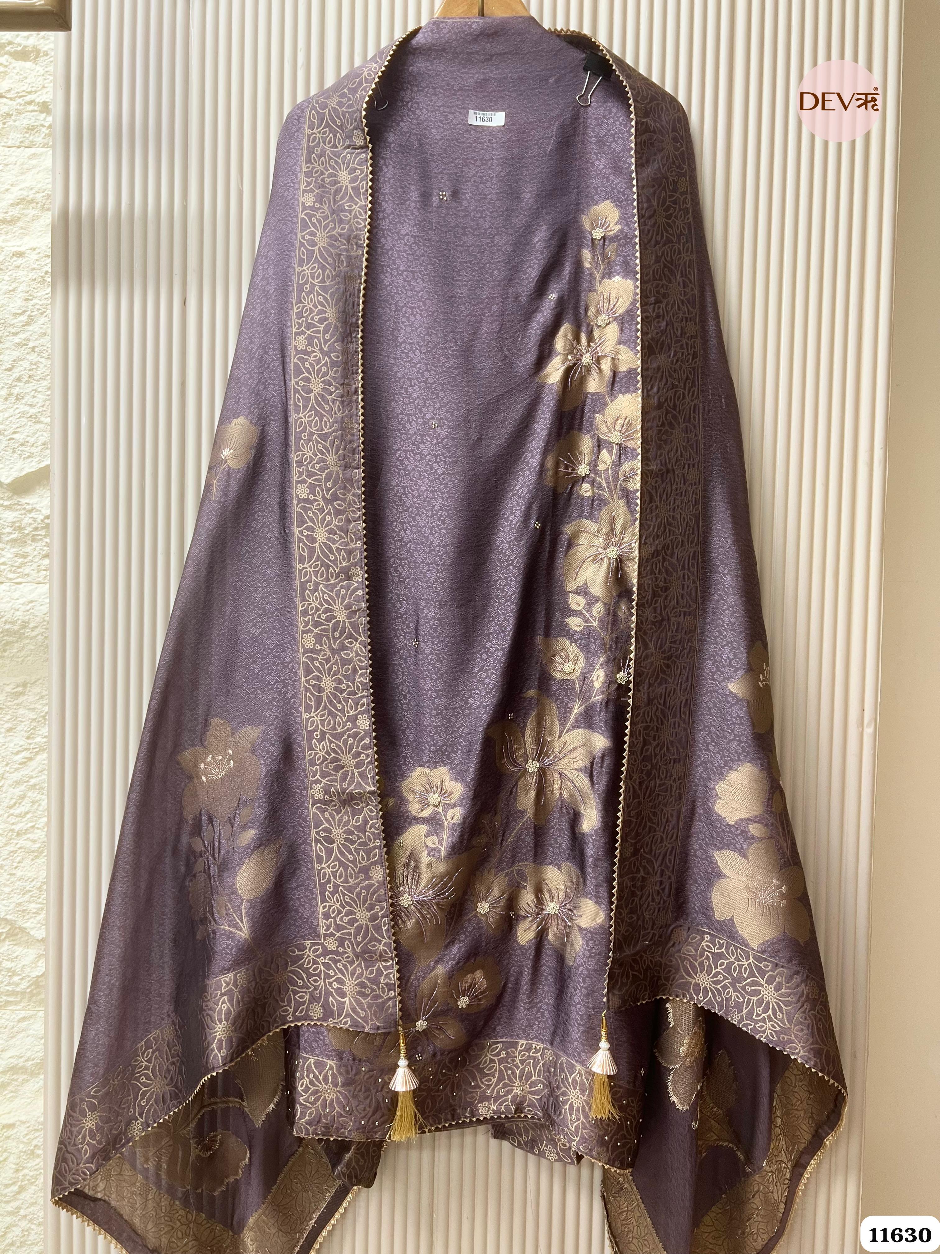 Purple Pure Dola Silk Banarasi Woven Unstitched Hand Embroidered -Set Of 3 {11630}