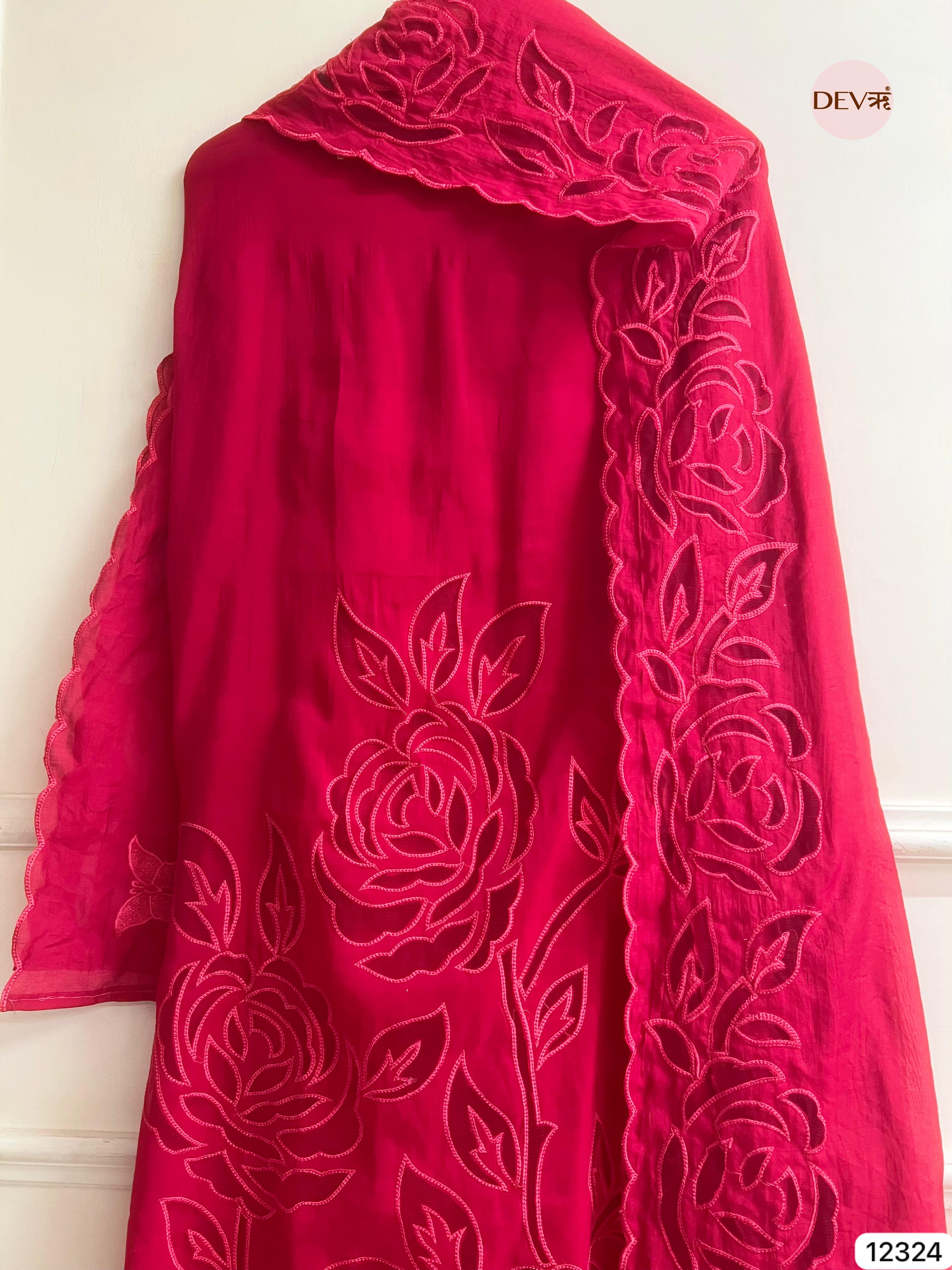 Deep Pink Mul Chanderi Embroidered Unstitched 3-Piece Suit (Devri – D.No 12324)