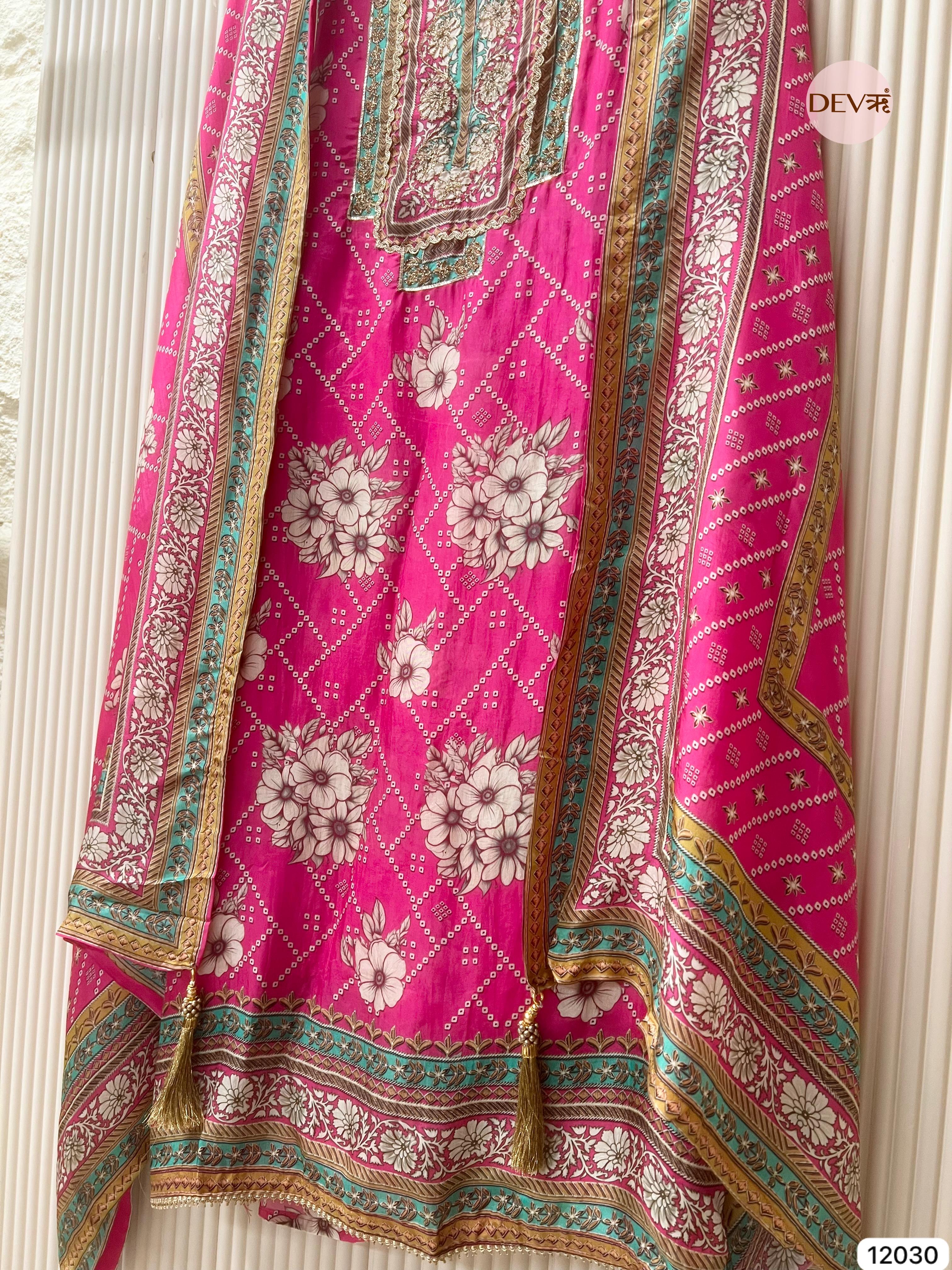 Pink Pure Glass Silk Unstitched Printed Zardosi Highlight Embroidered -Set Of 3 - {12030}