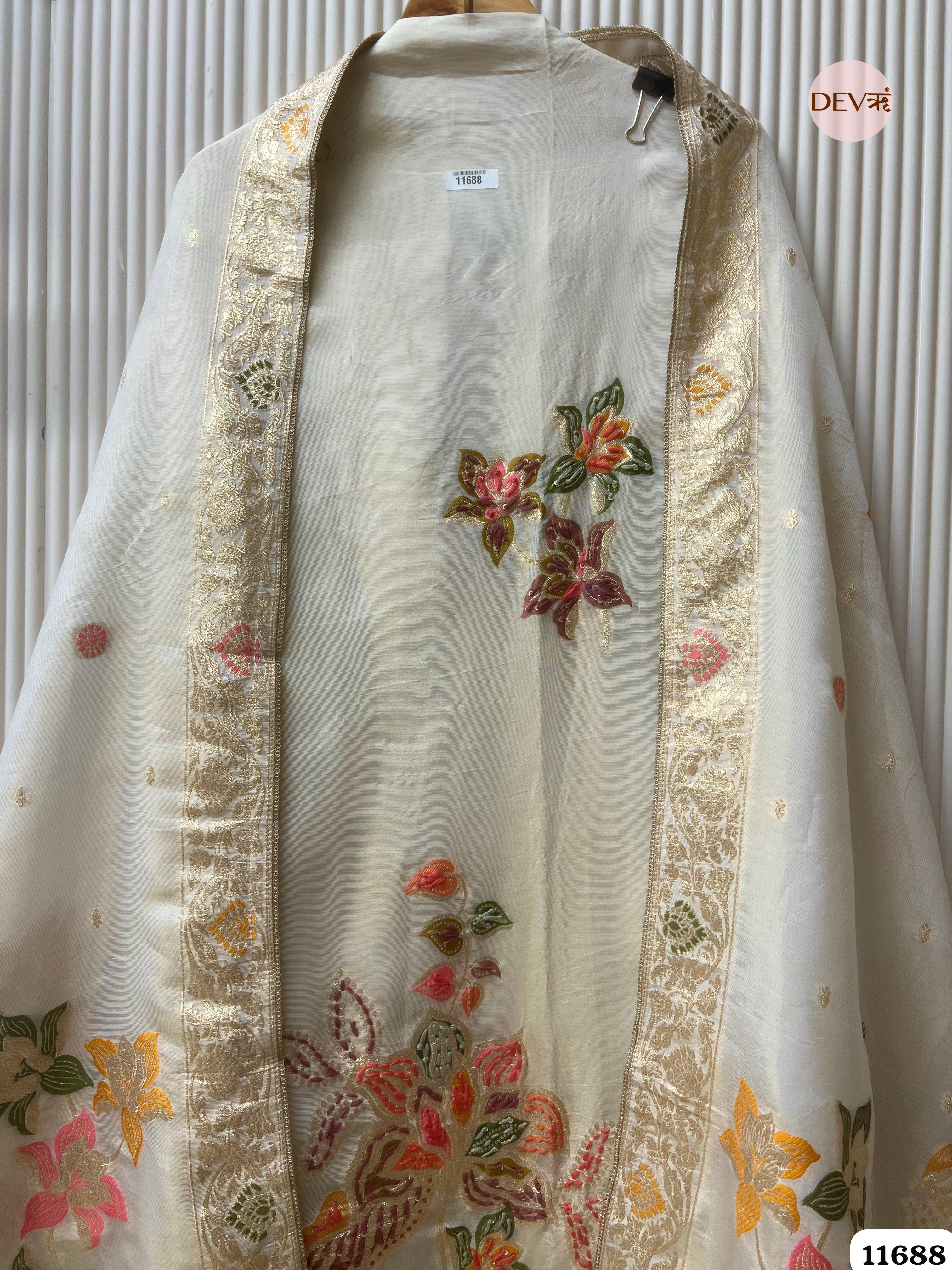 Off white Burberry Silk Unstitched Woven Hand Embroidered -Set Of 3 {11688}