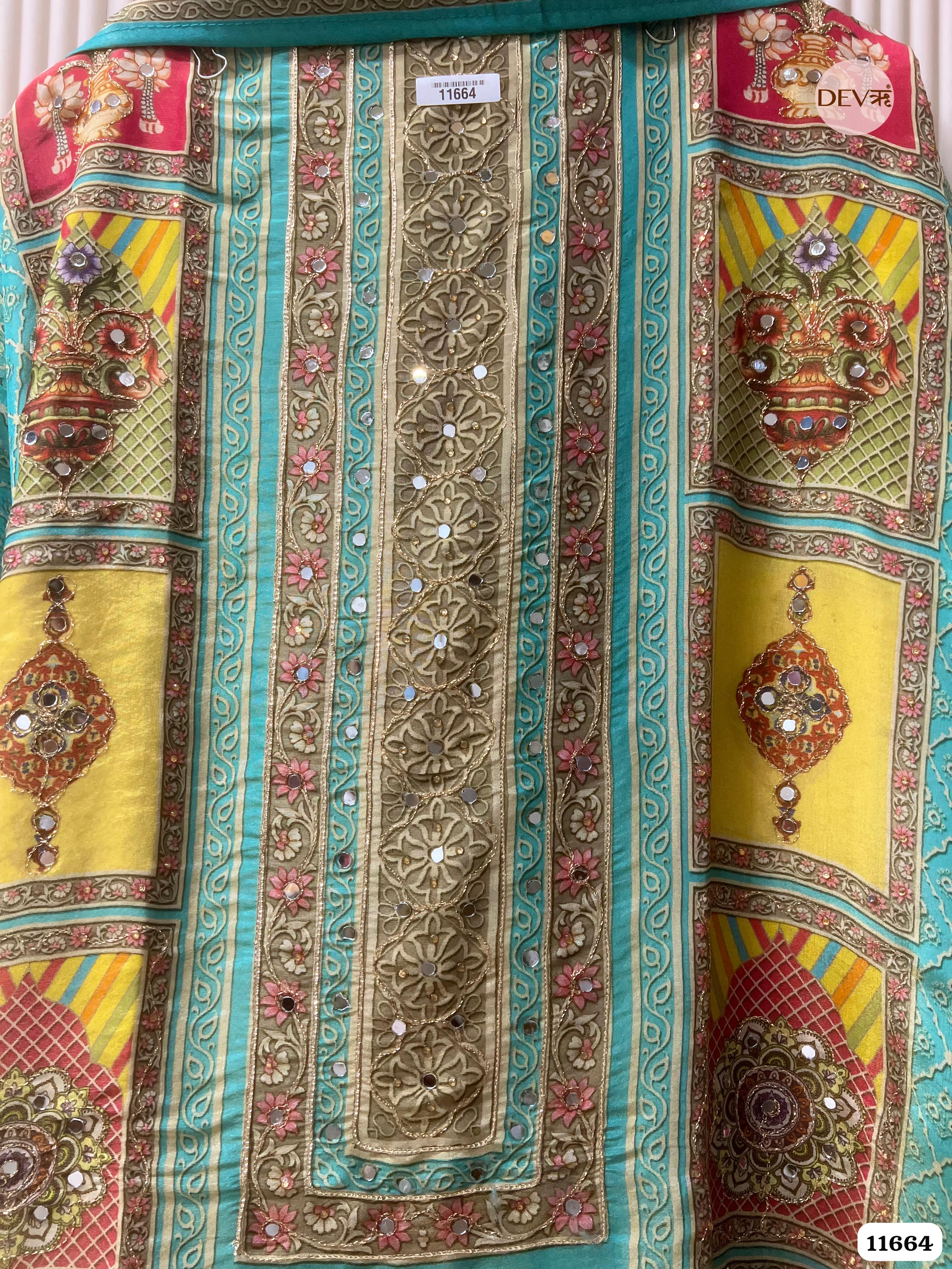 Green Tissue Silk Unstitched Printed Hand Embroidered -Set Of 3 {11664}