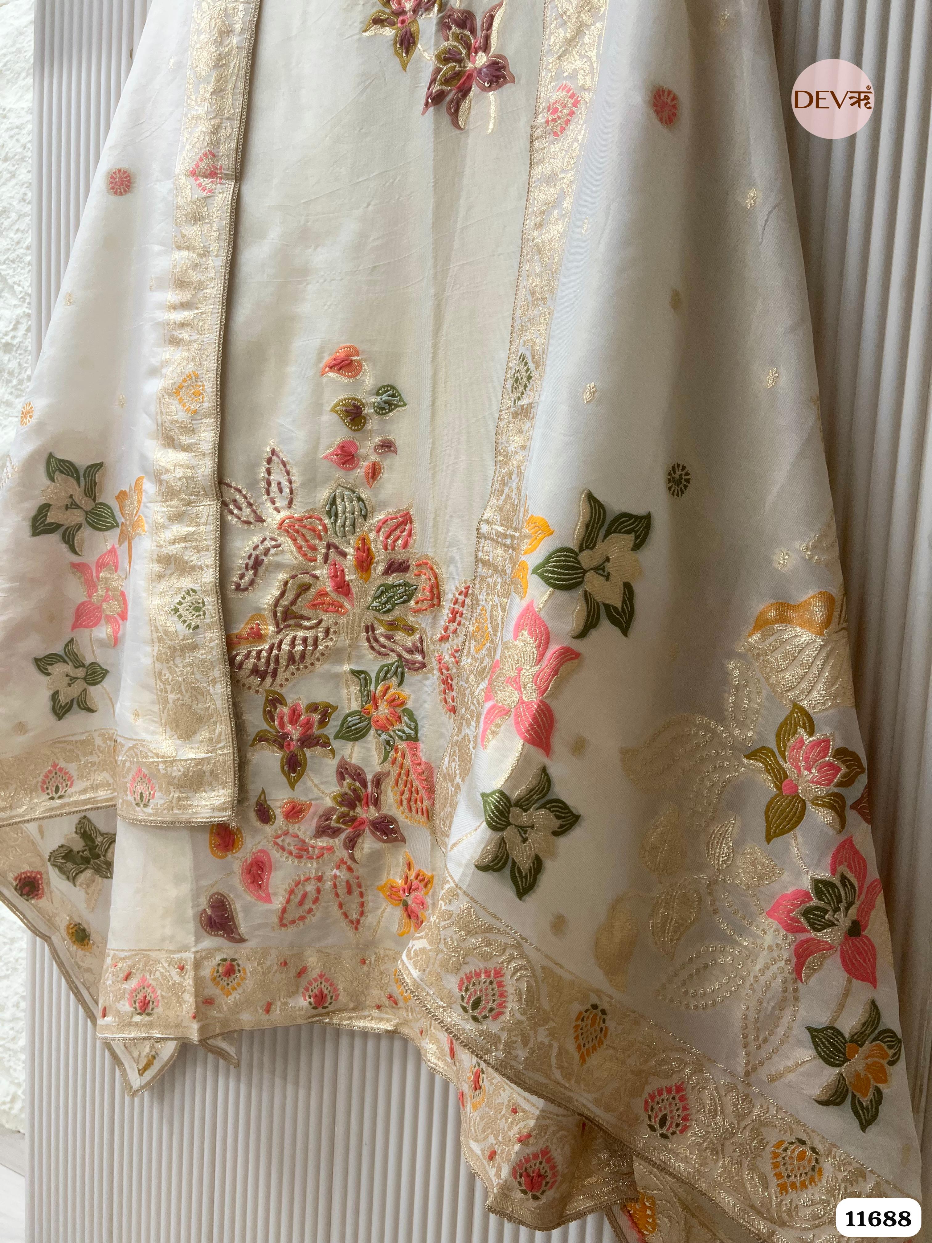 Off white Burberry Silk Unstitched Woven Hand Embroidered -Set Of 3 {11688}