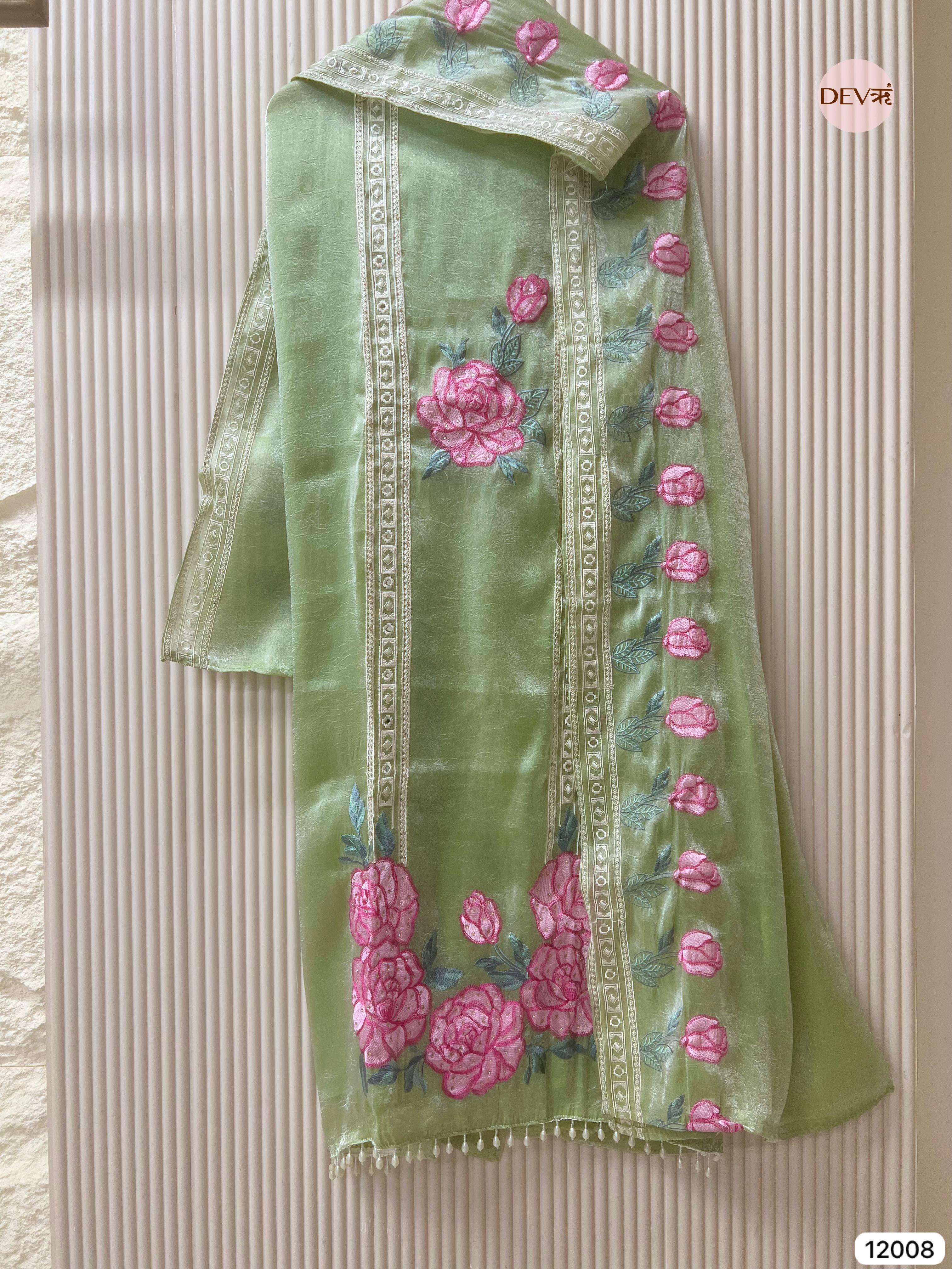 Green Tissue Organza Silk Unstitched Embroidered -Set Of 3 - {12008}