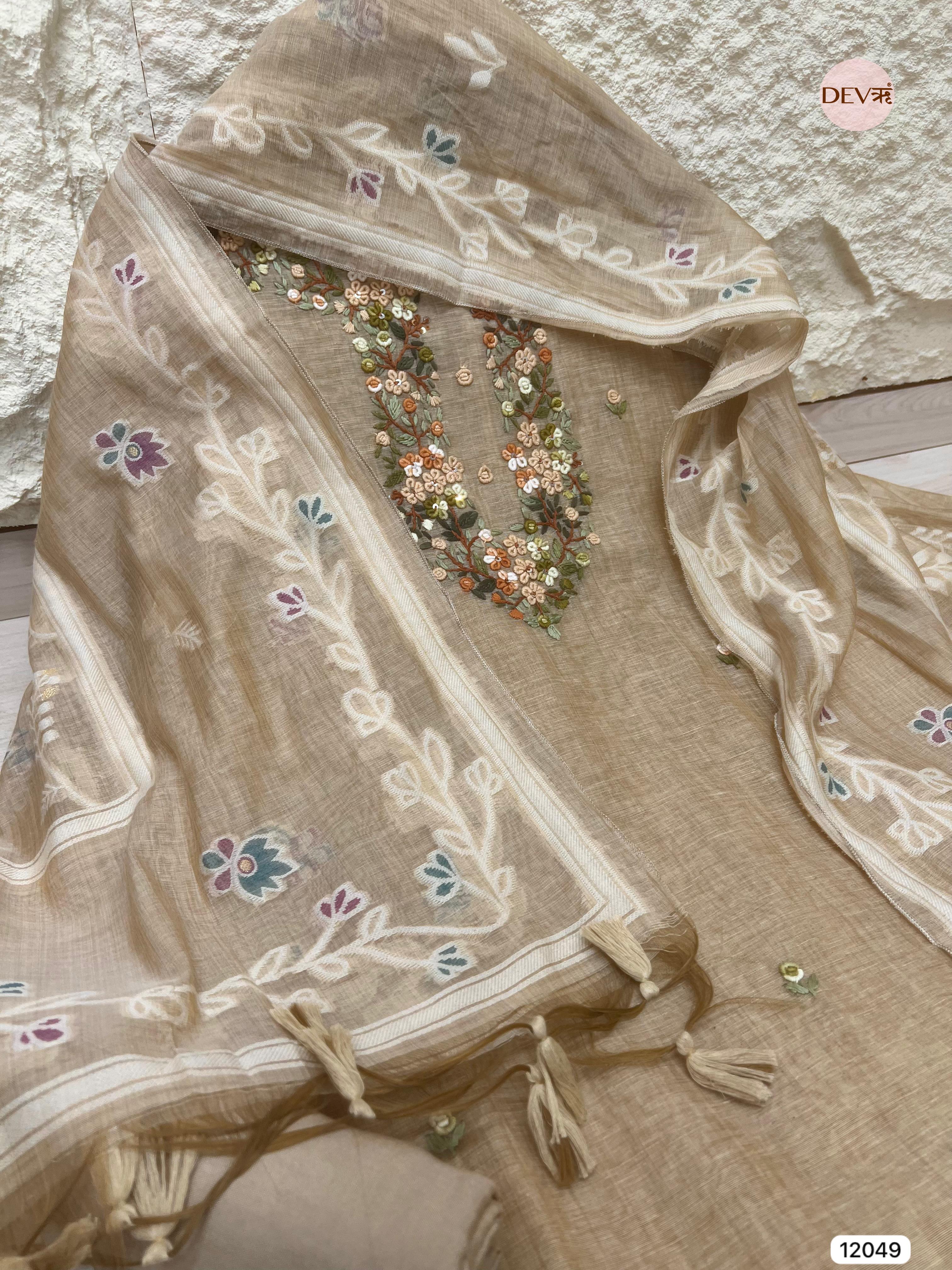 Beige Pure Khadi Unstitched Embroidered -Set Of 3 - {12049}