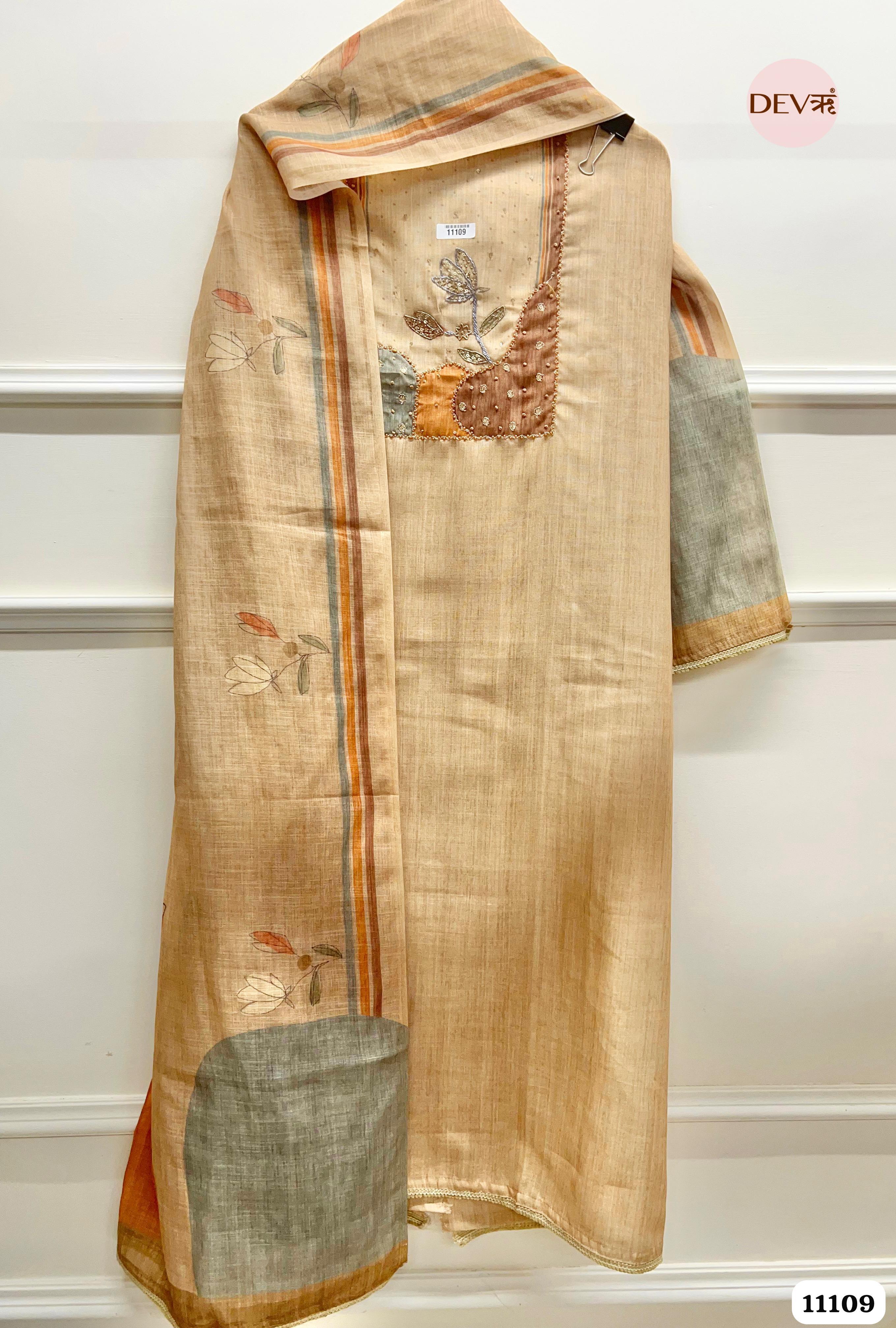 Cream Linen Unstitched Printed Hand Embidered -Set Of 3