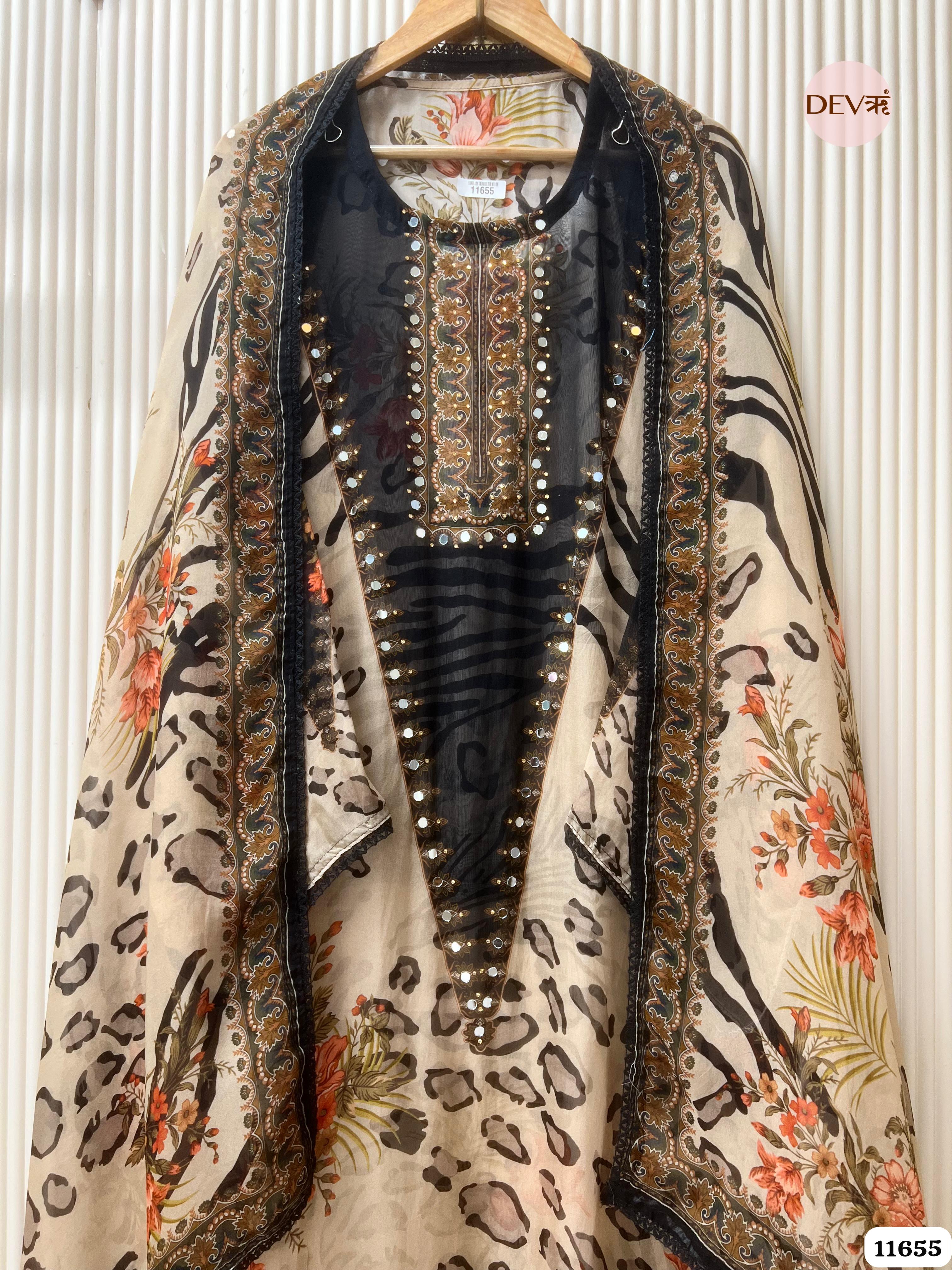 Beige Organza Printed Semi Stitched Hand Embroidered -Set Of 3 {11655}