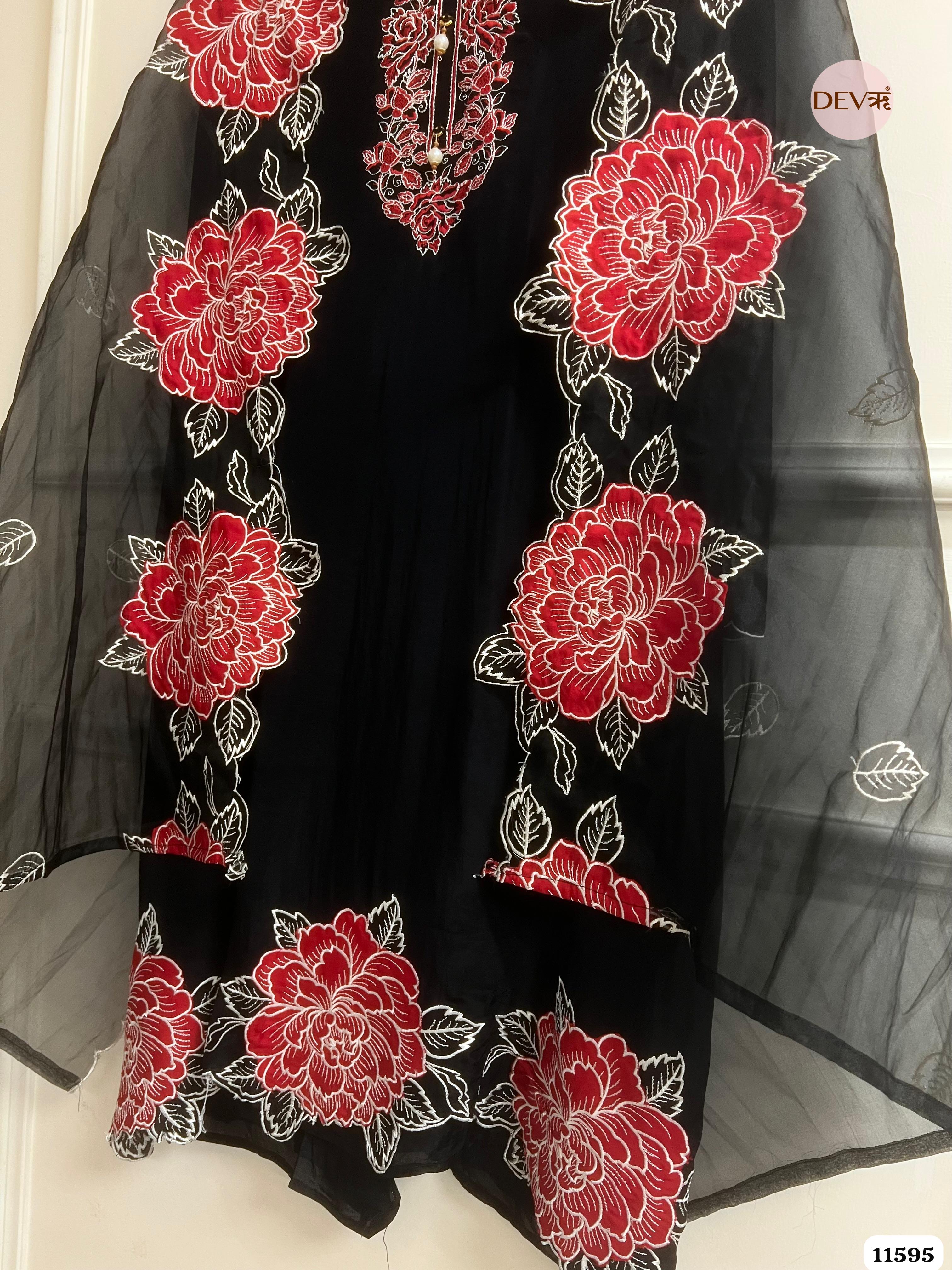 Black Organza Unstitched Embroidered -Set Of 3 {11595}