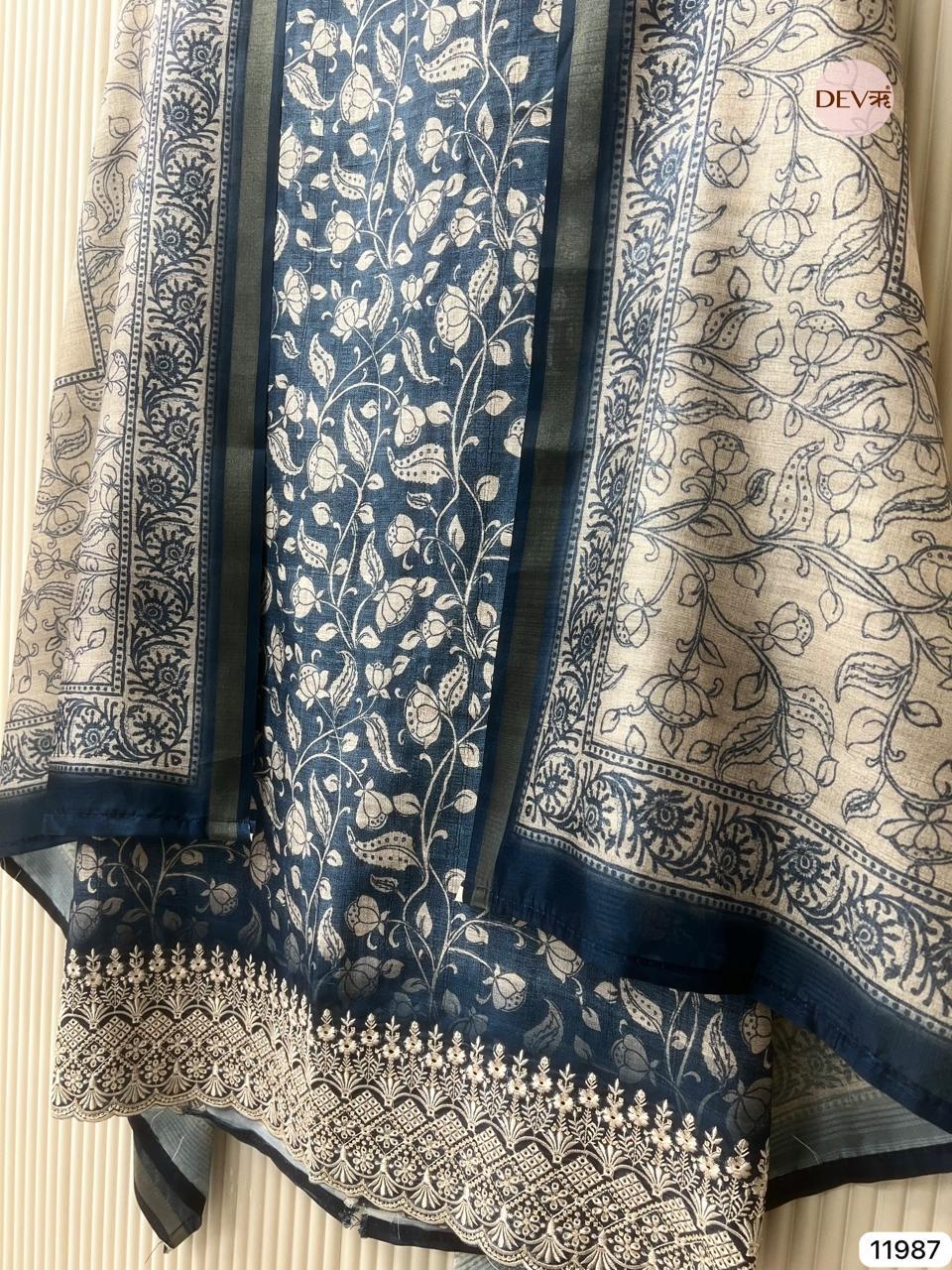 Blue Pure Tusser Silk Printed Unstitched 3-Piece Suit (Devri – D.No 11987)