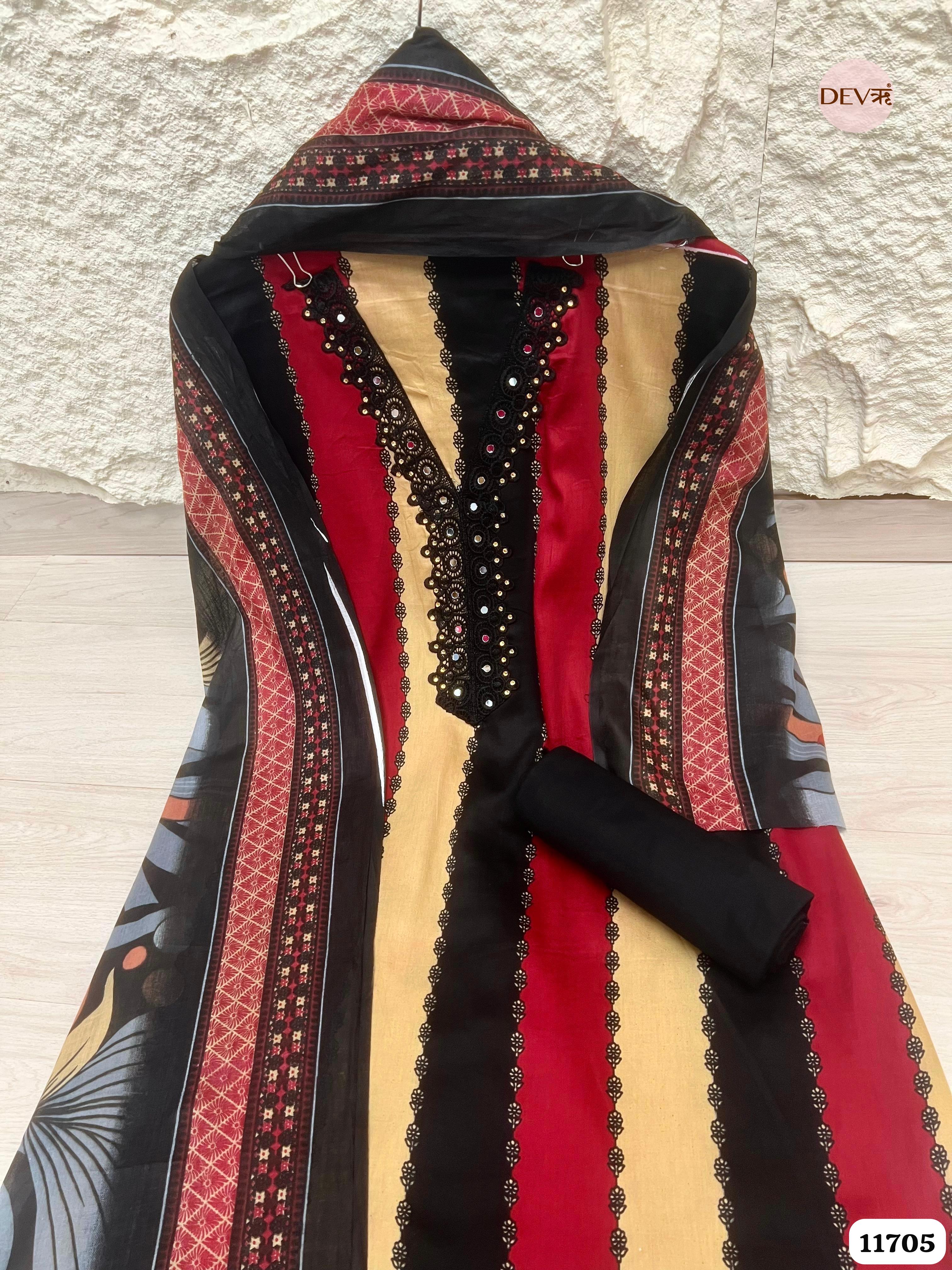 Multi Colour Cotton Unstitched Printed Embroidered -Set Of 3 {11705}