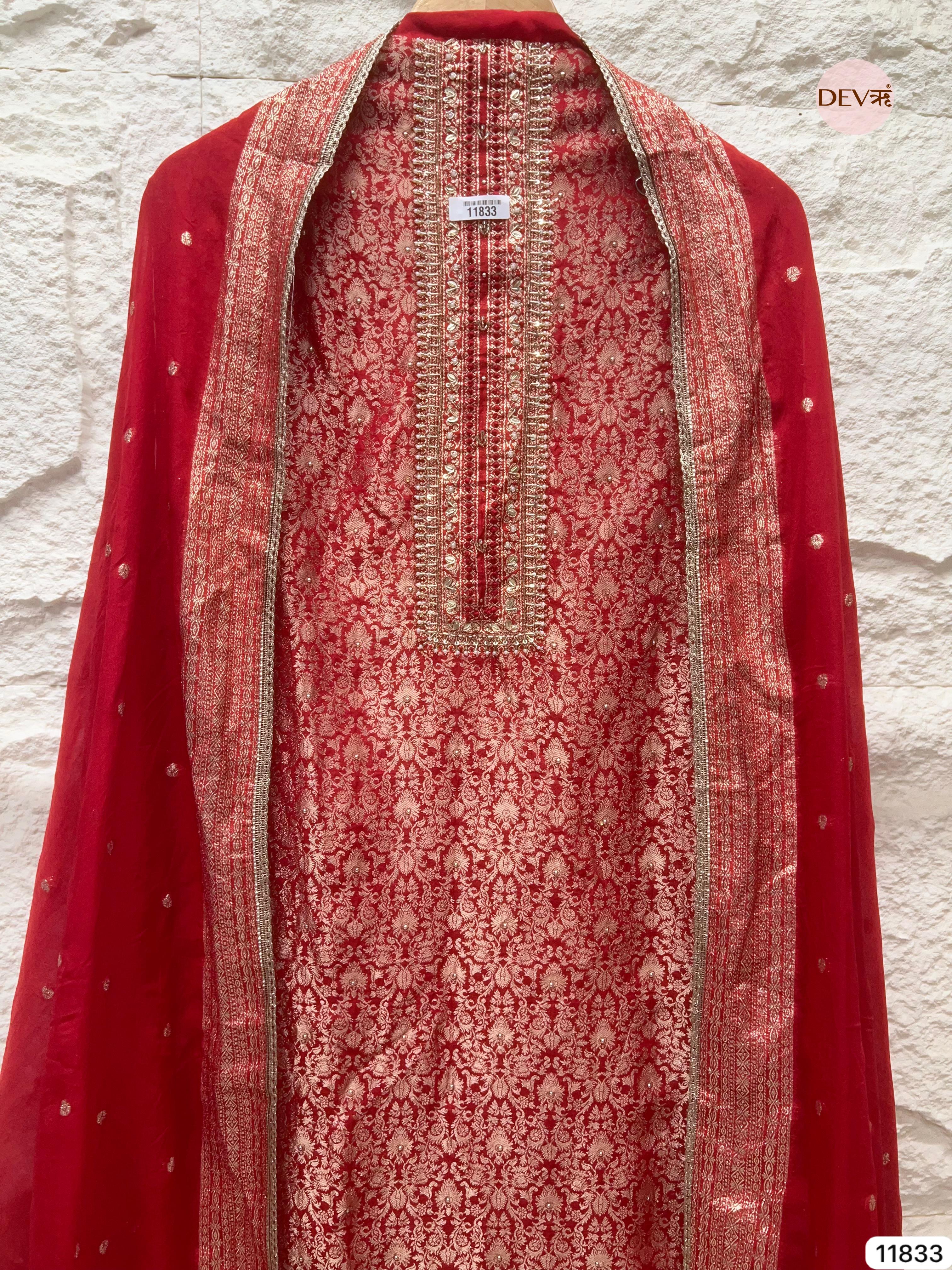 Red Pure Shimmer Tissue Banarasi Woven Silk Unstitched Hand Embroidered -Set Of 3- {11833}