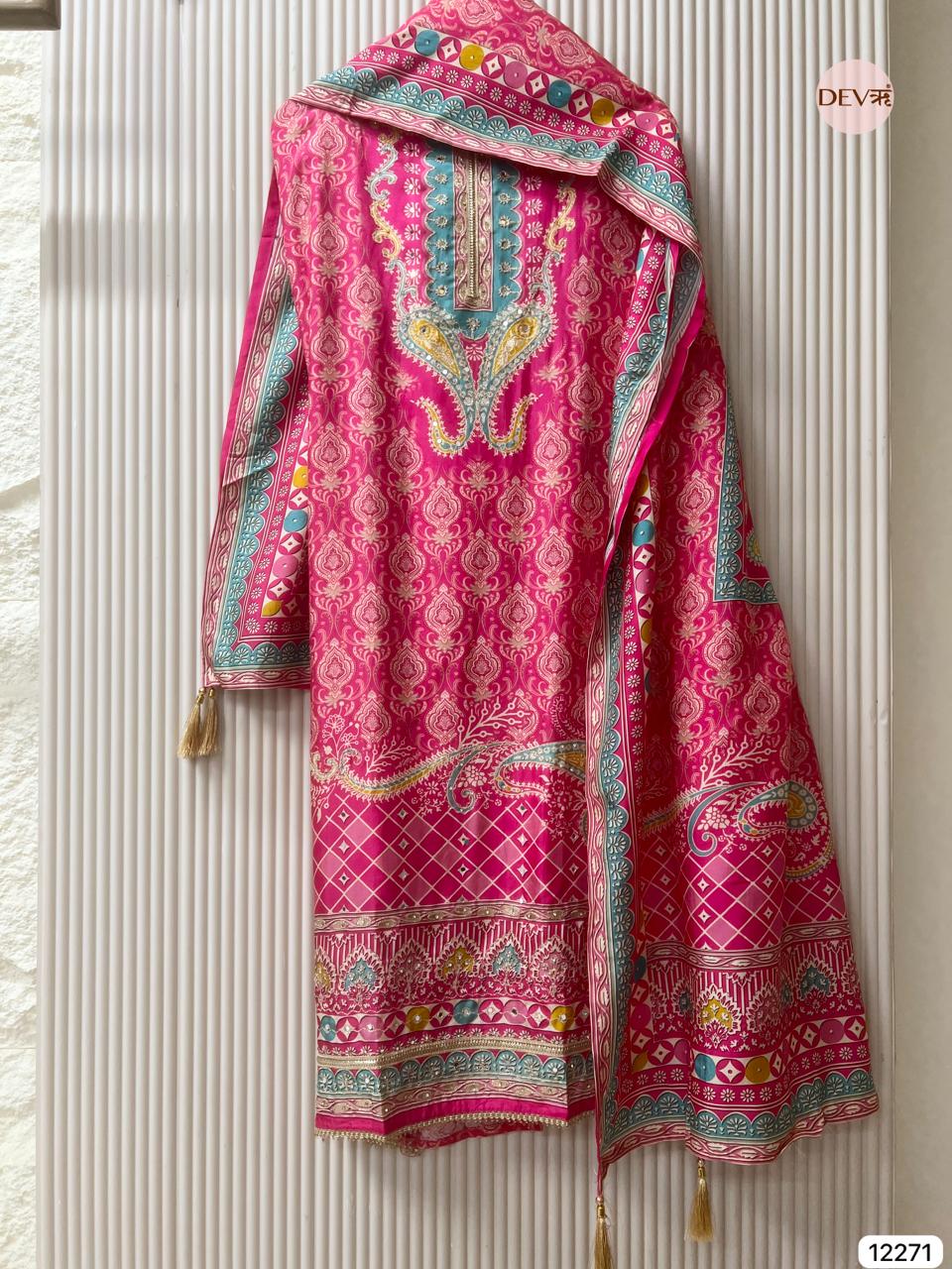 Rani Pink Russian Silk Printed Unstitched 3-Piece Suit (Devri – D.No 12271)