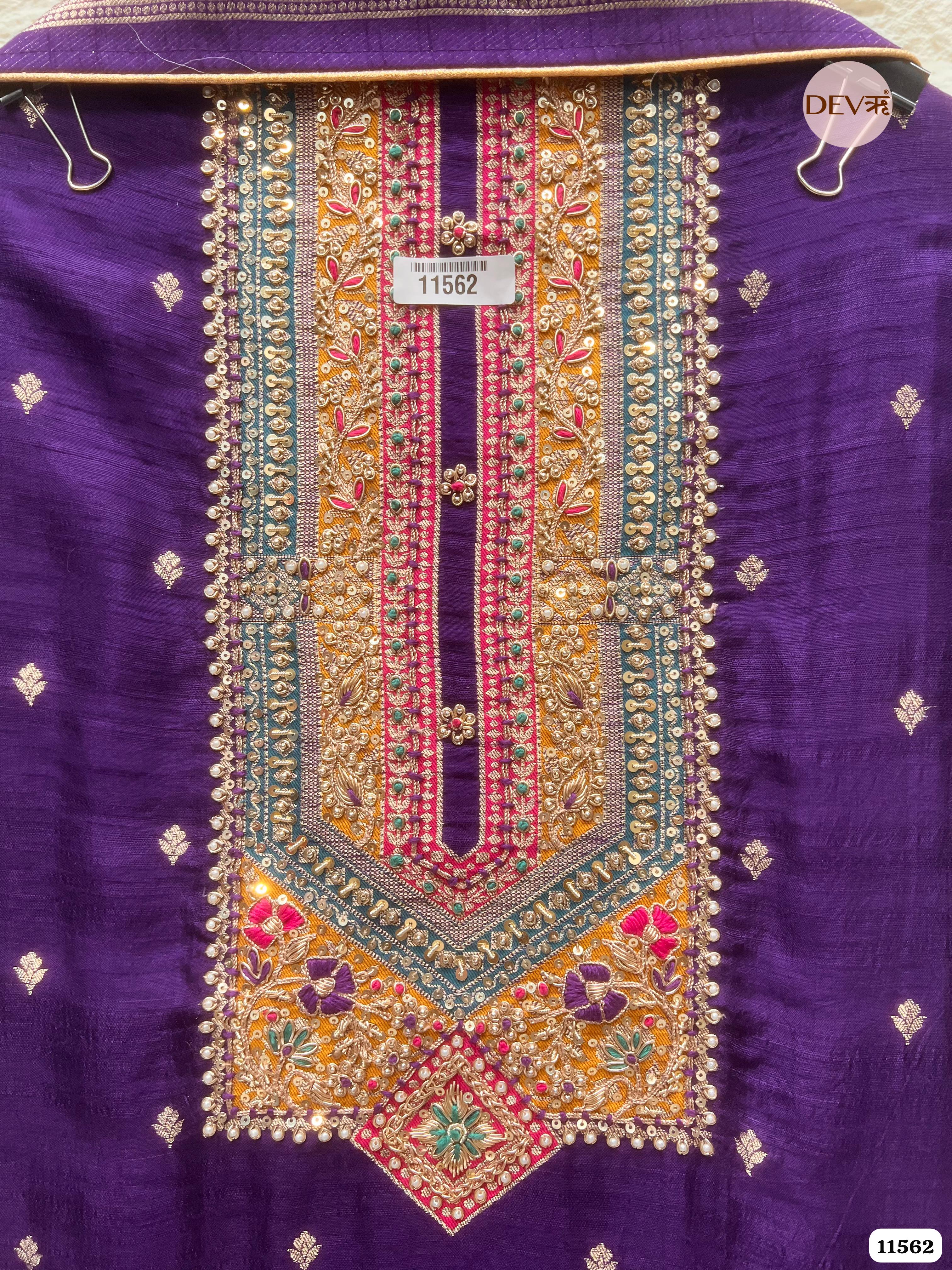 Purple Pure Russian silk Woven Unstitched Hand Embroidered -Set Of 3 {11562}