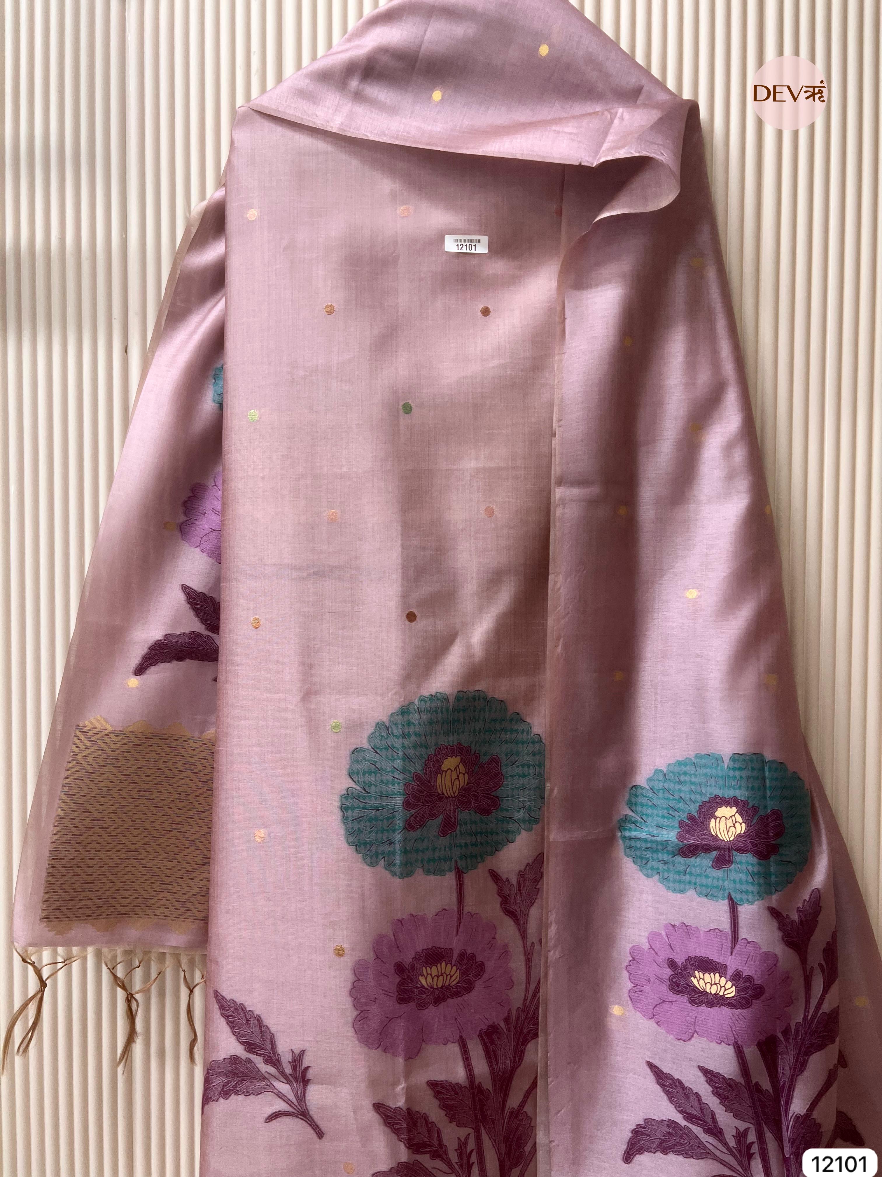 Pink Banarasi Khadi Silk Unstitched -Set Of 3 - {12101}