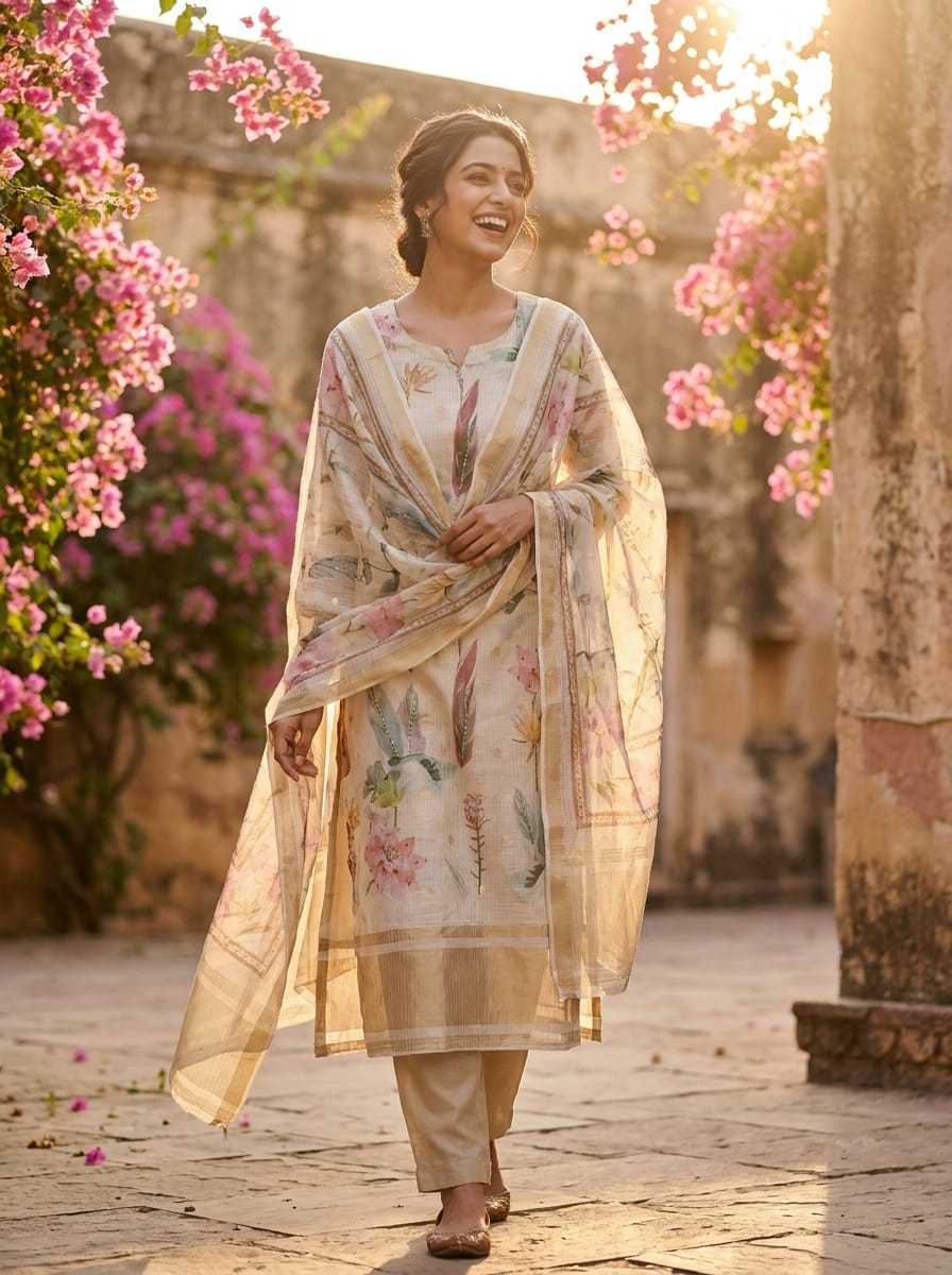 Beige Linen Cotton Floral Unstitched 3-Piece Suit (Devri – D.No 12595)