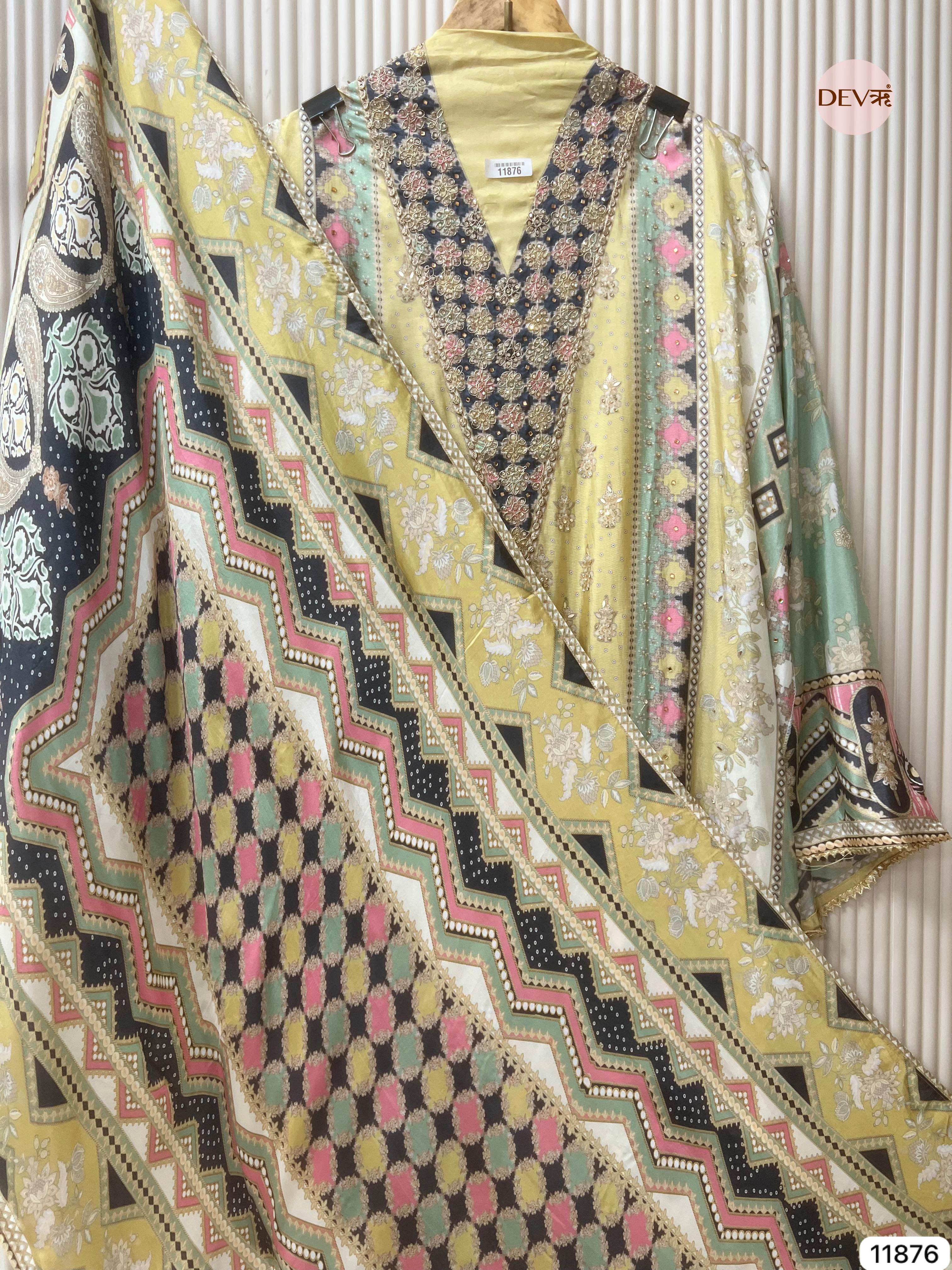 Yellow Glass Silk Semi Stitched Pakistani Printed Hand Embroidered -Set Of 3- {11876}