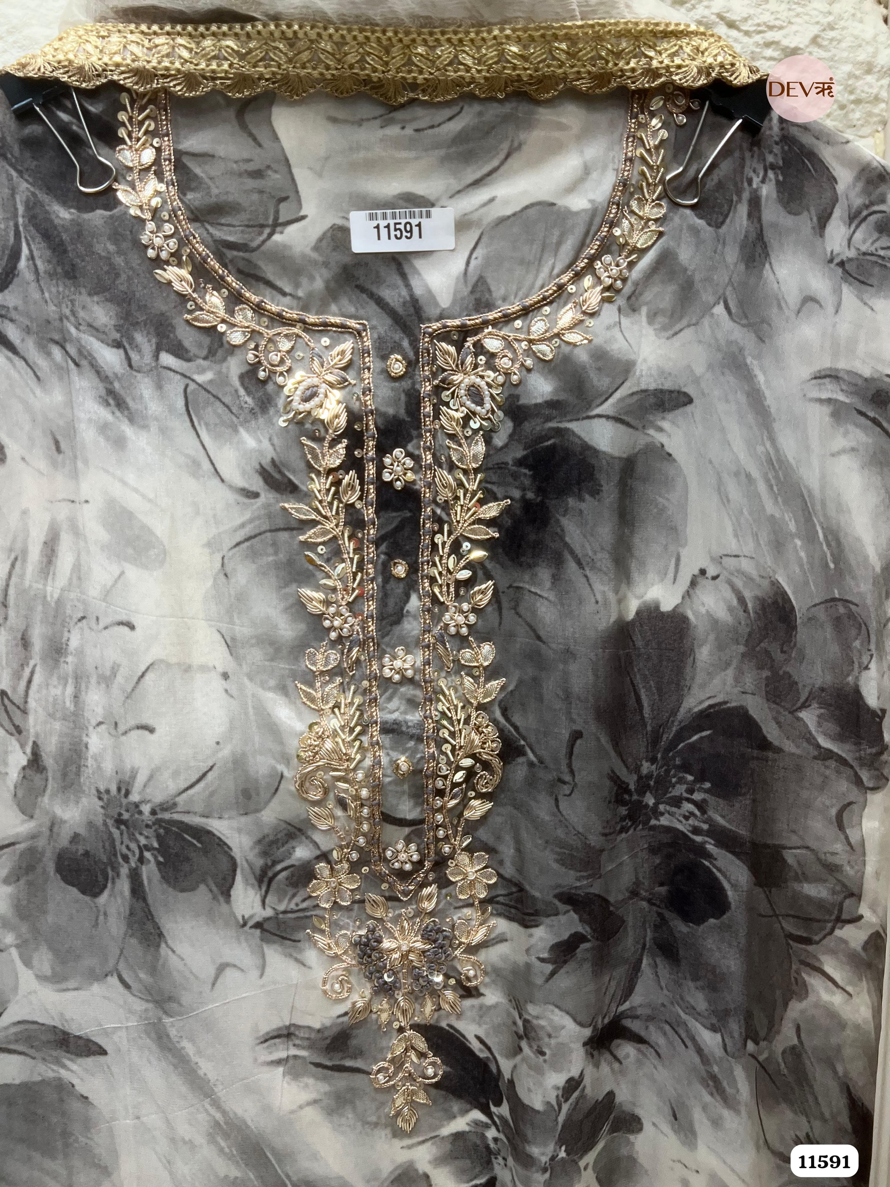 Black Pure Organza Silk Unstitched Hand Embroidered -Set Of 3 {11591}