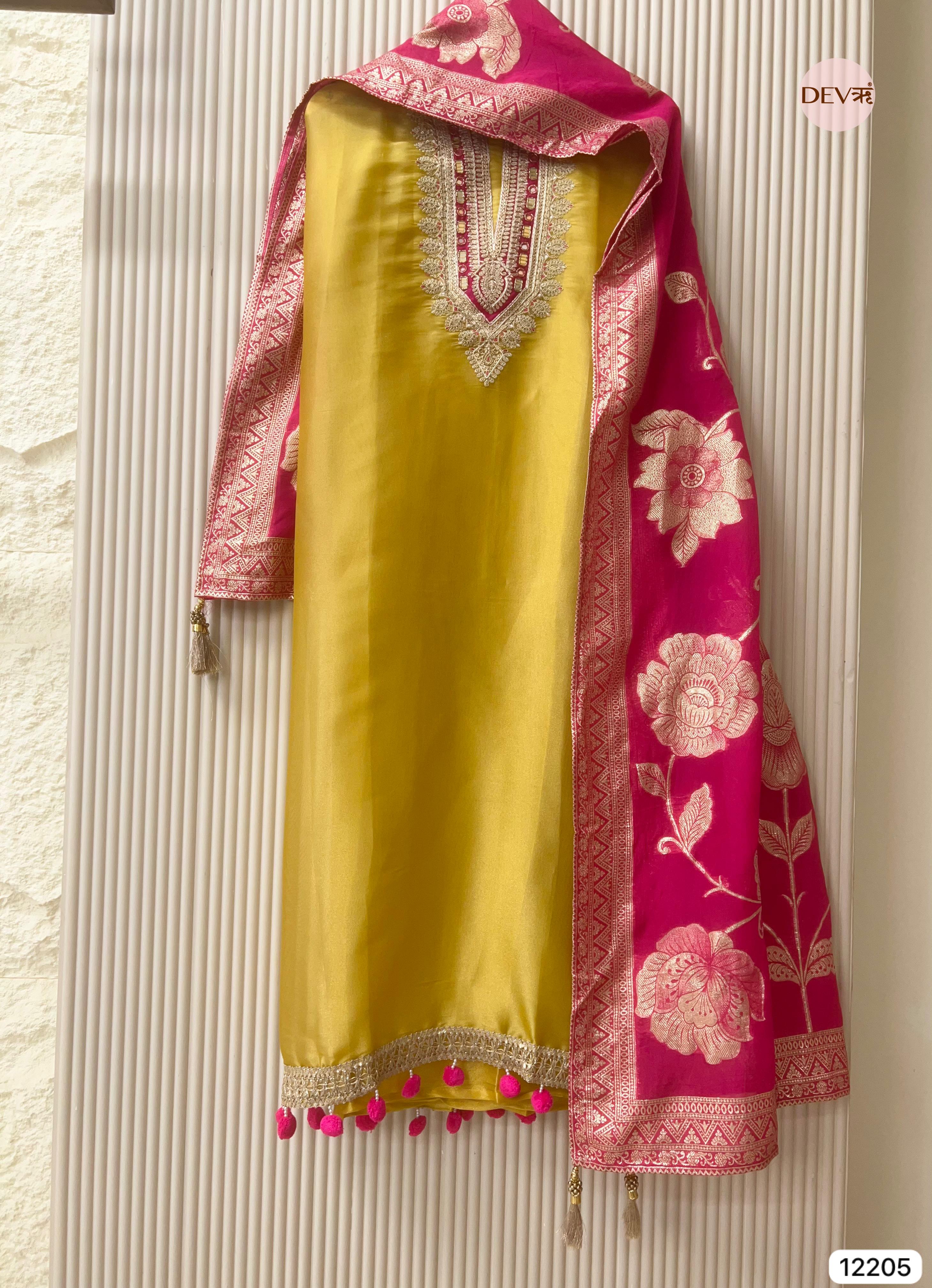 Yellow Shimmer Silk Embroidered Unstitched 3-Piece Suit (Devri – D.No 12205)
