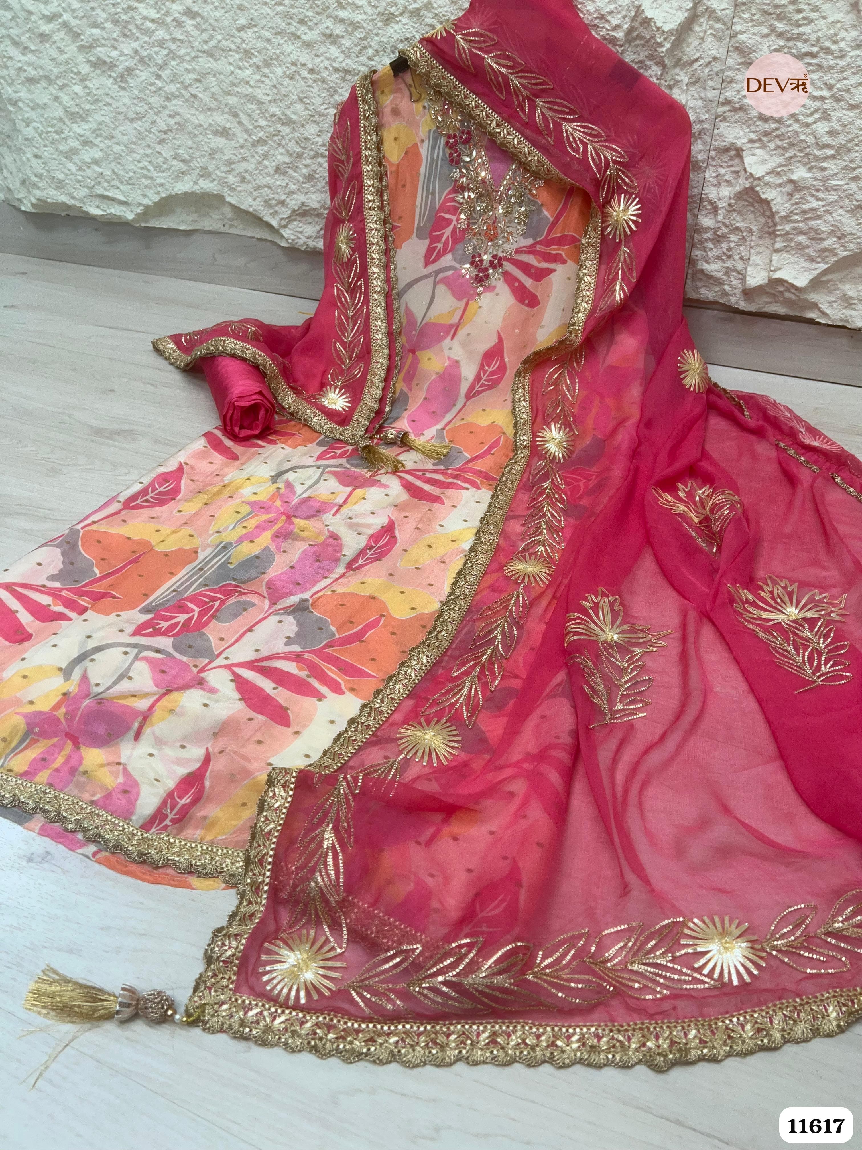 Pink Pure Silk Unstitched Printed Hand Embroidered -Set Of 3 {11617}