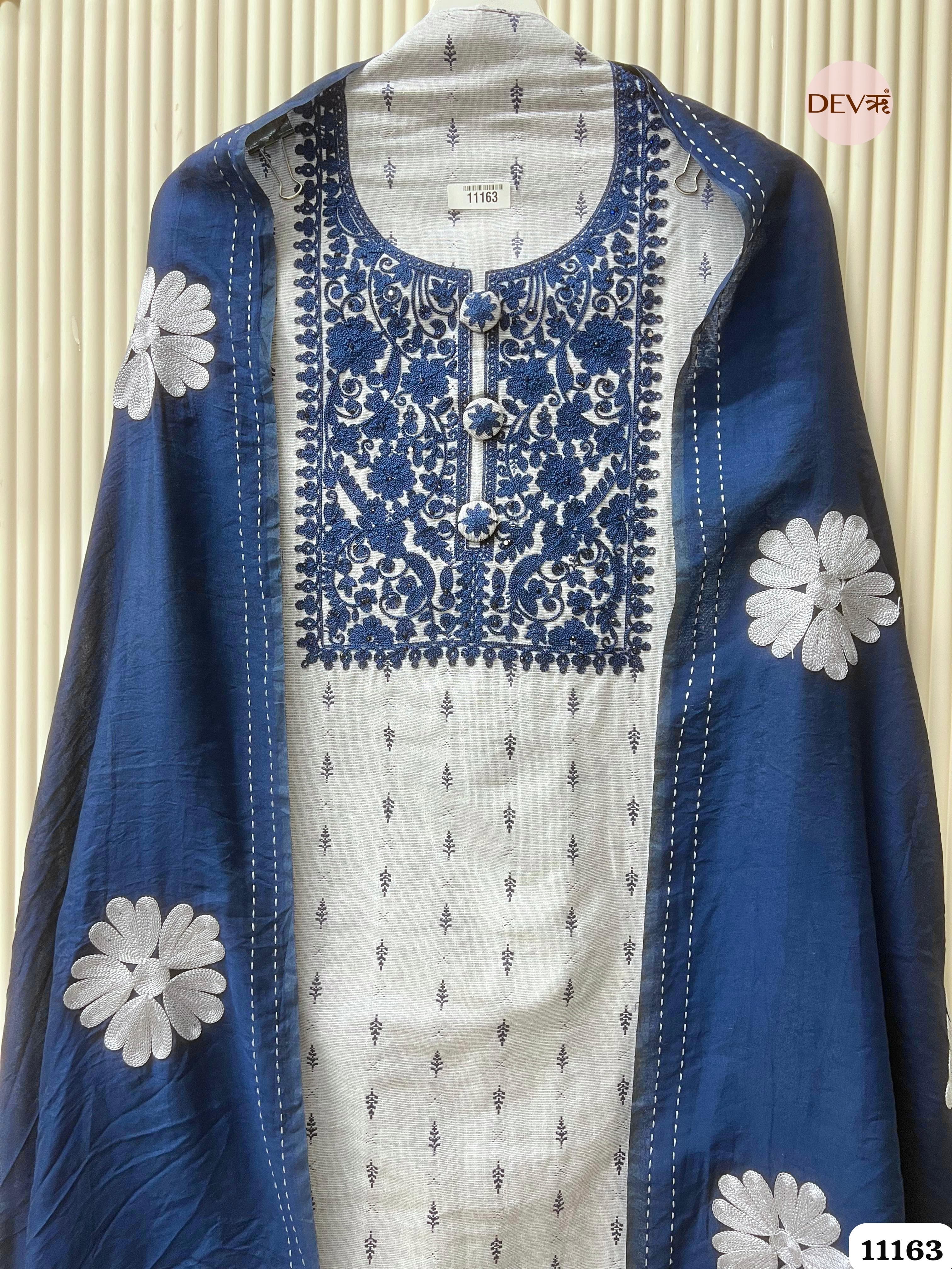 Blue/White Cotton Handloom Unstitched Embroidered -Set Of 3