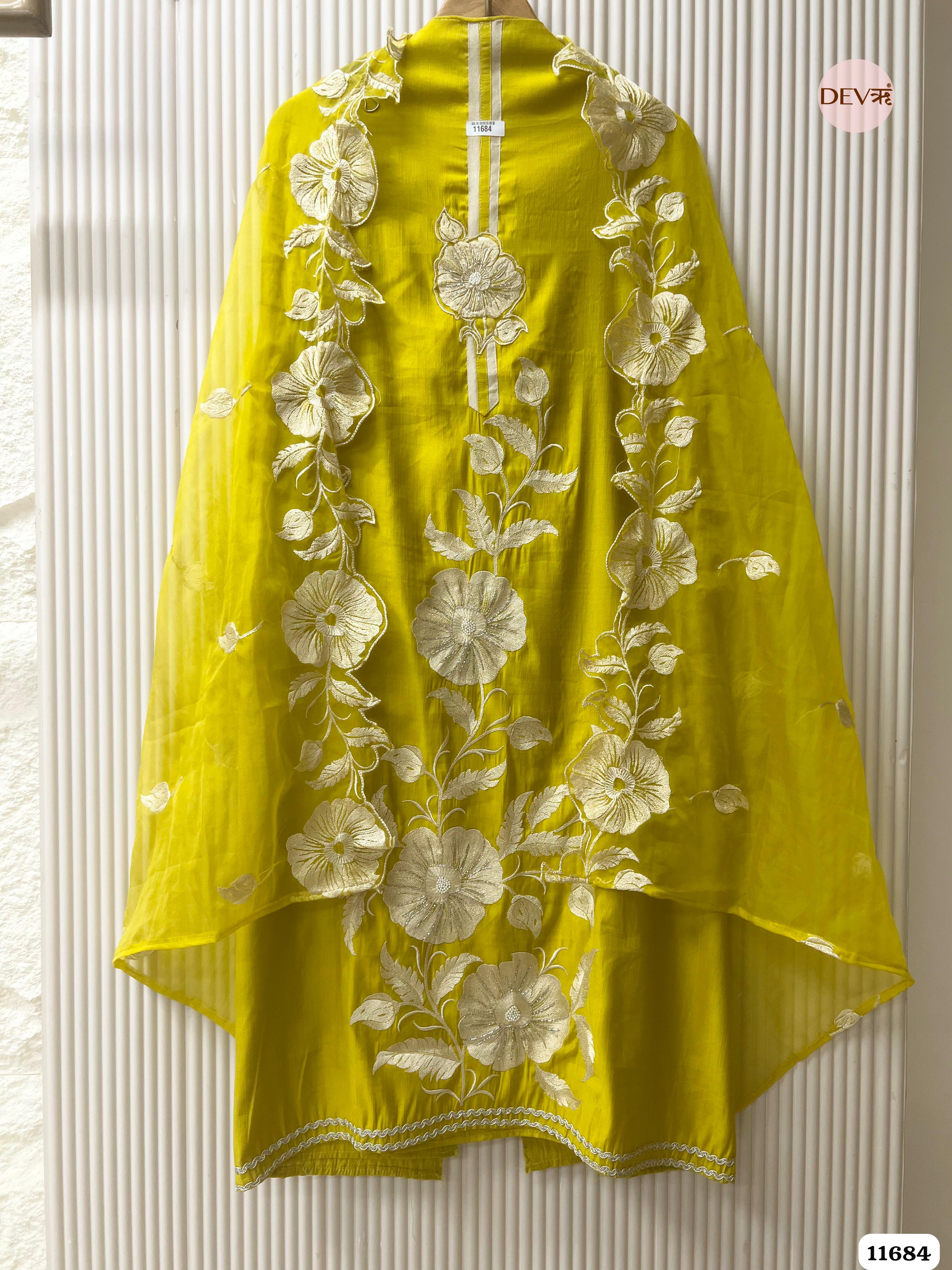 Lime Green Mul Chanderi Unstitched Embroidered -Set Of 3 {11684}