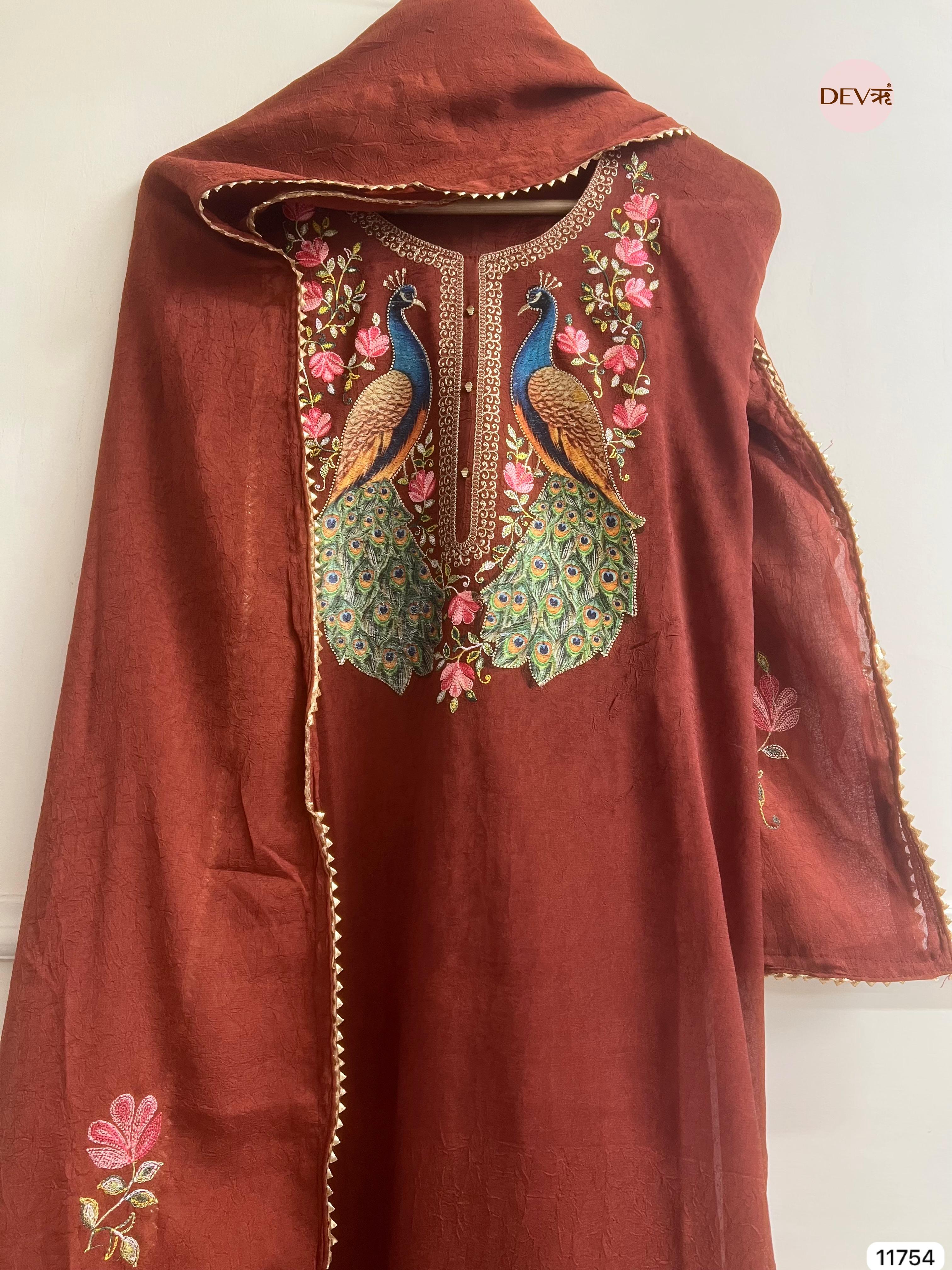 Maroon Russian Silk Unstitched Hand Applique Work Embroidered -Set Of 3 - {11754}