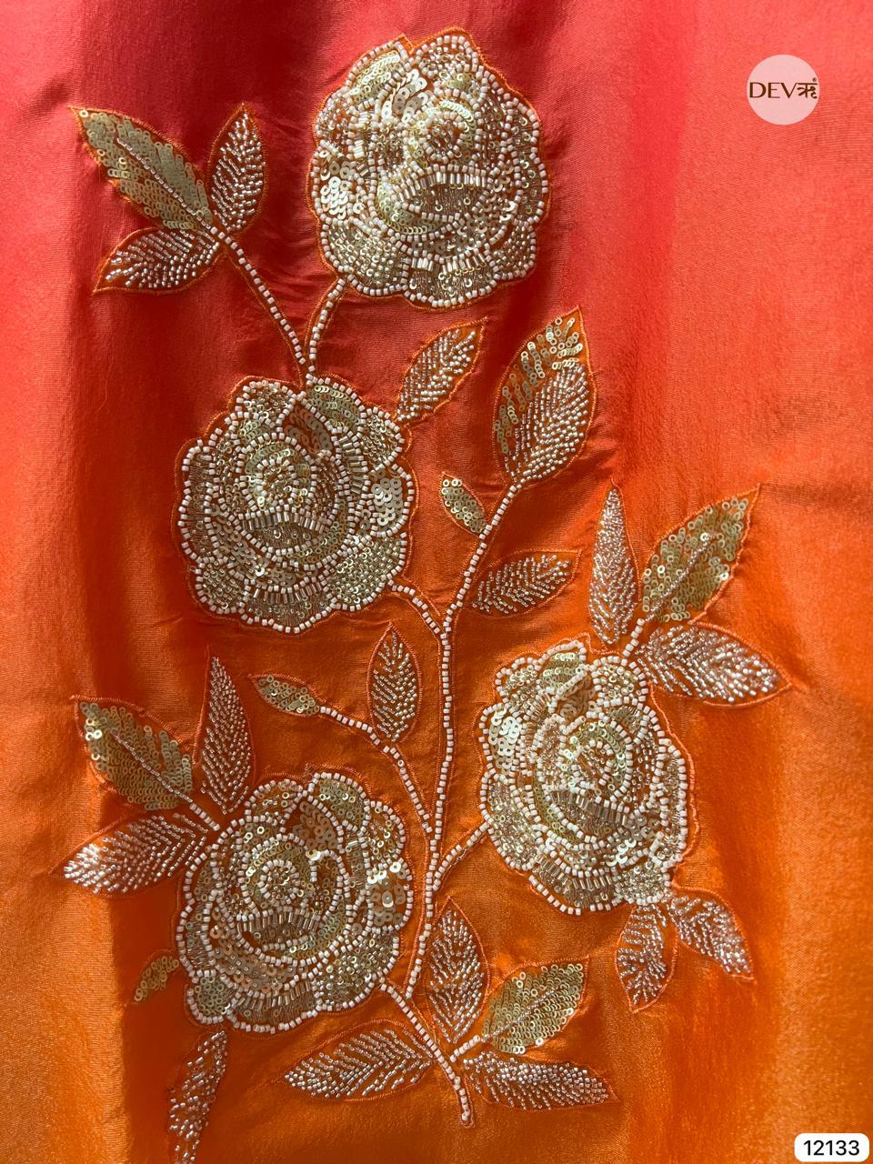 Red–Orange Soft Tissue Silk Embroidered Unstitched 3-Piece Suit (Devri – D.No 12133)