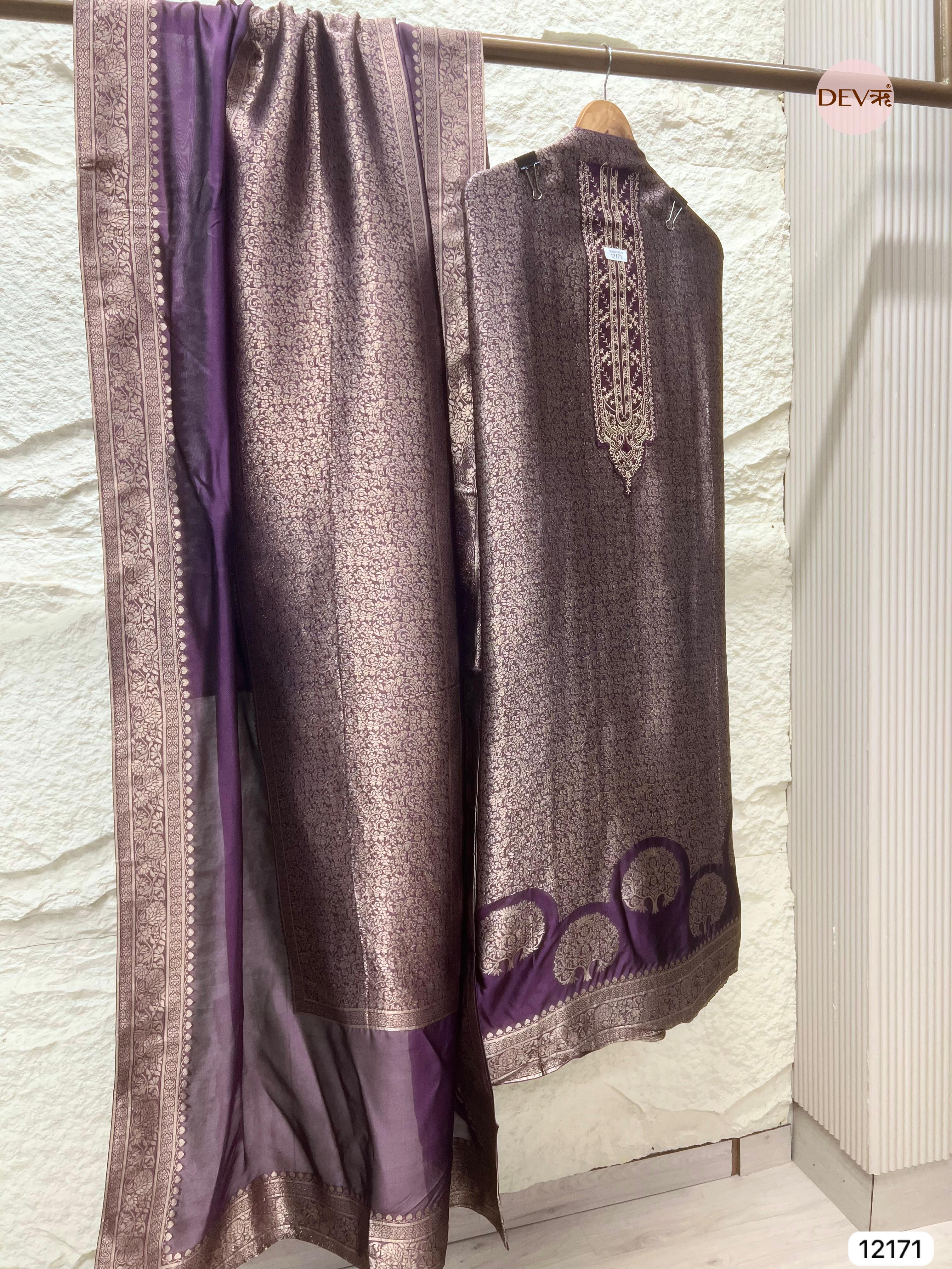 Purple Pure Banarasi silk Unstitched Hand Embroidered -Set Of 3 - {12171}