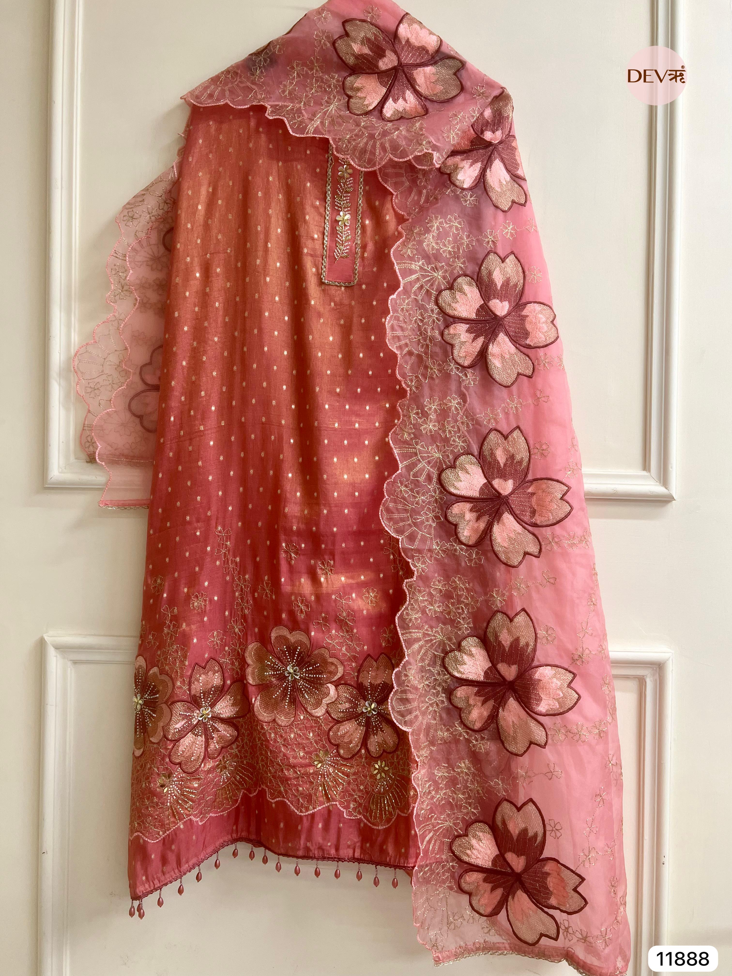 Peach-Pink Tissue Silk Unstitched Embroidered -Set Of 3 - {11888}