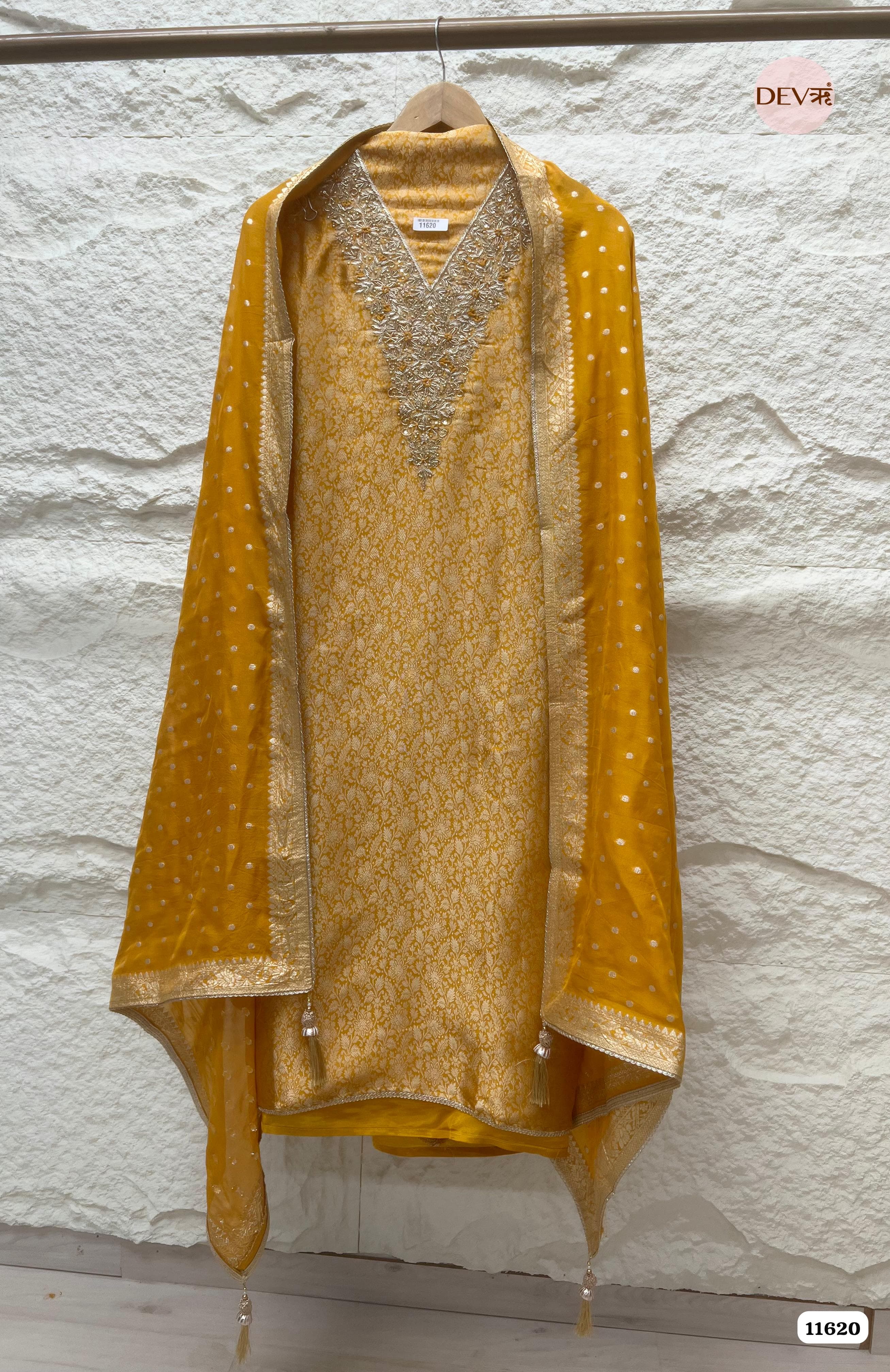 Yellow Pure Tissue Banarasi Silk Unstitched Hand Embroidered -Set Of 3 {11620}