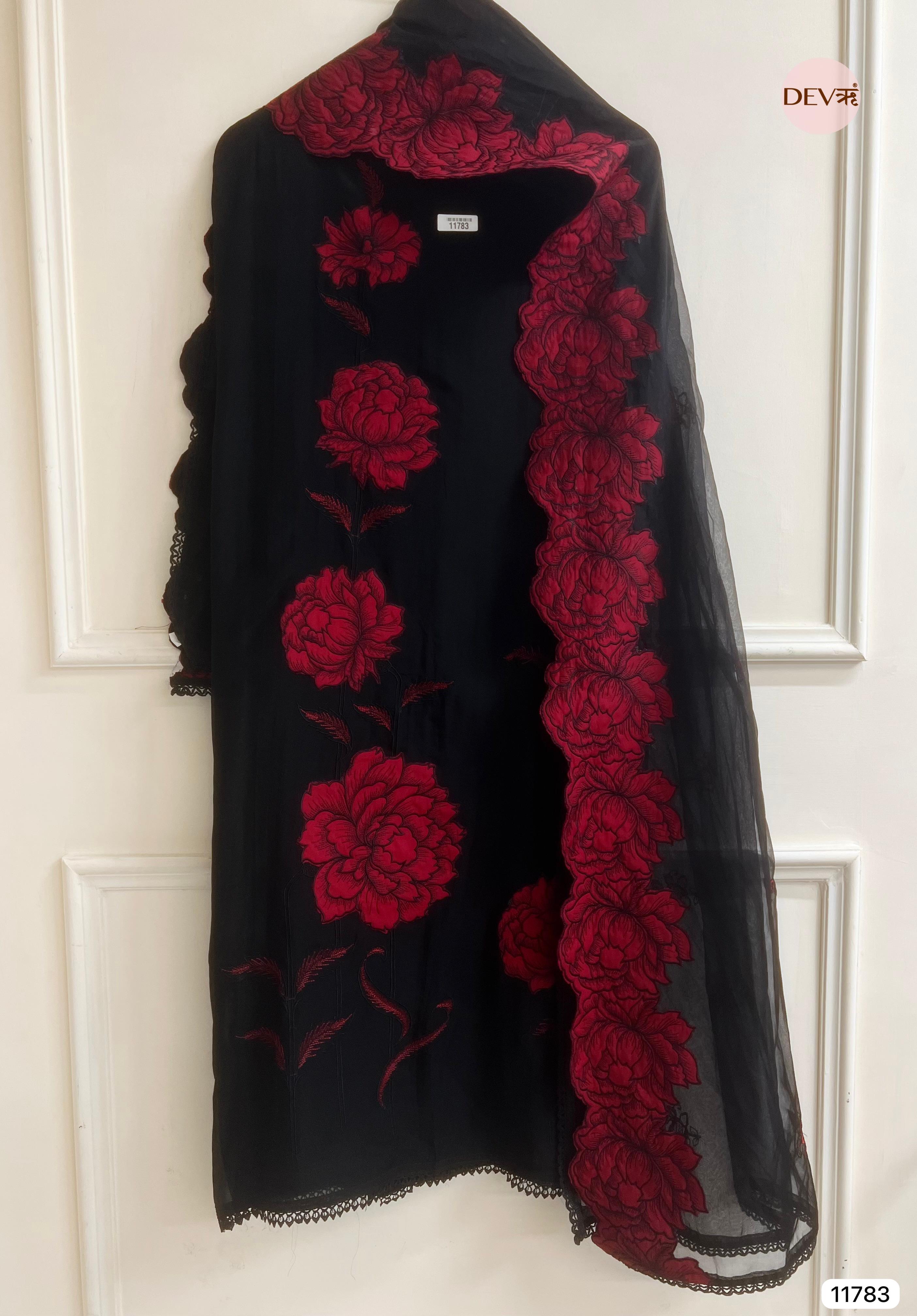Black Organza Unstitched Embroidered -Set Of 3- {11783}