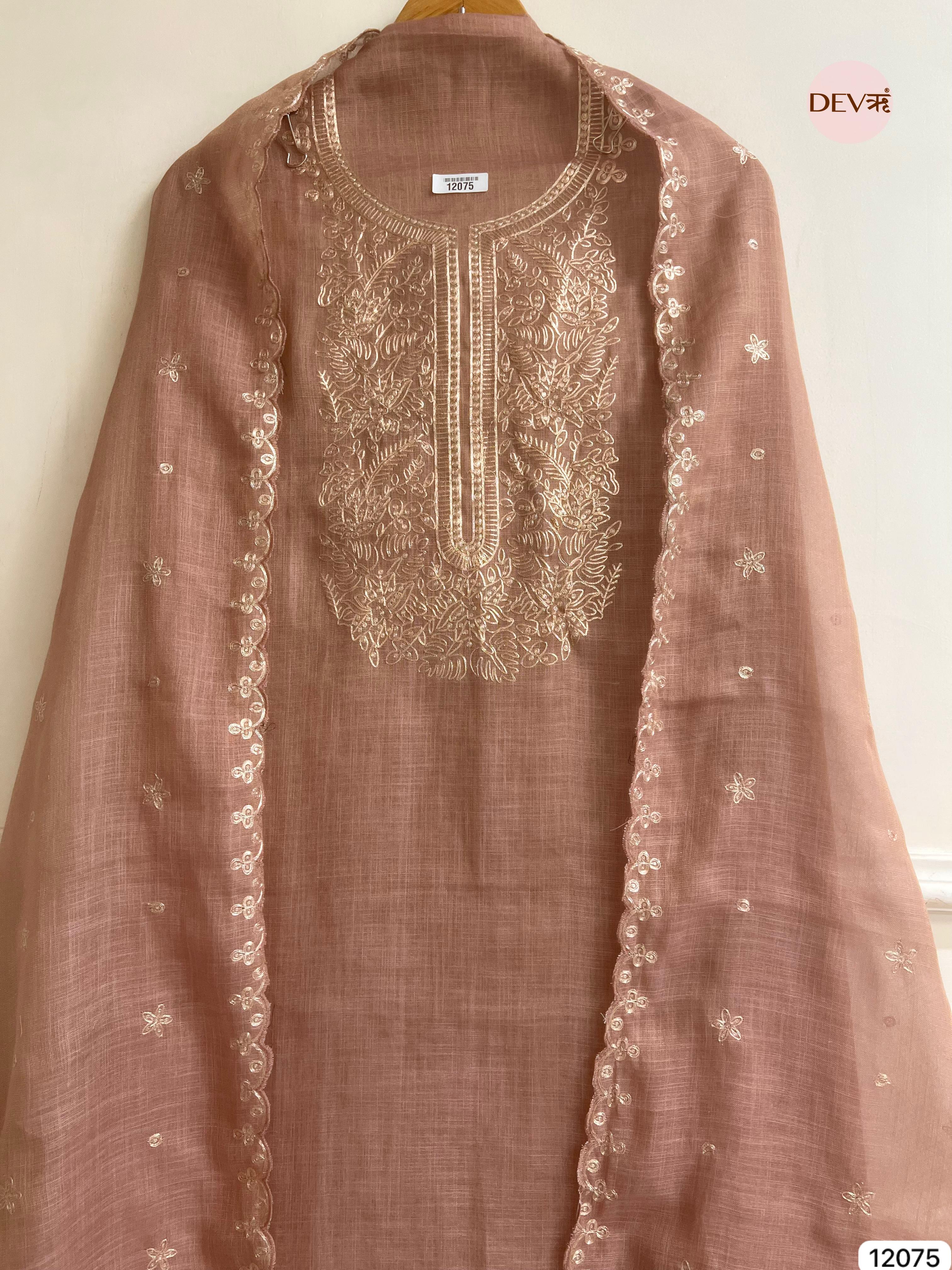 Brown Pure Linen Unstitched Zardosi Embroidered -Set Of 3 - {12075}