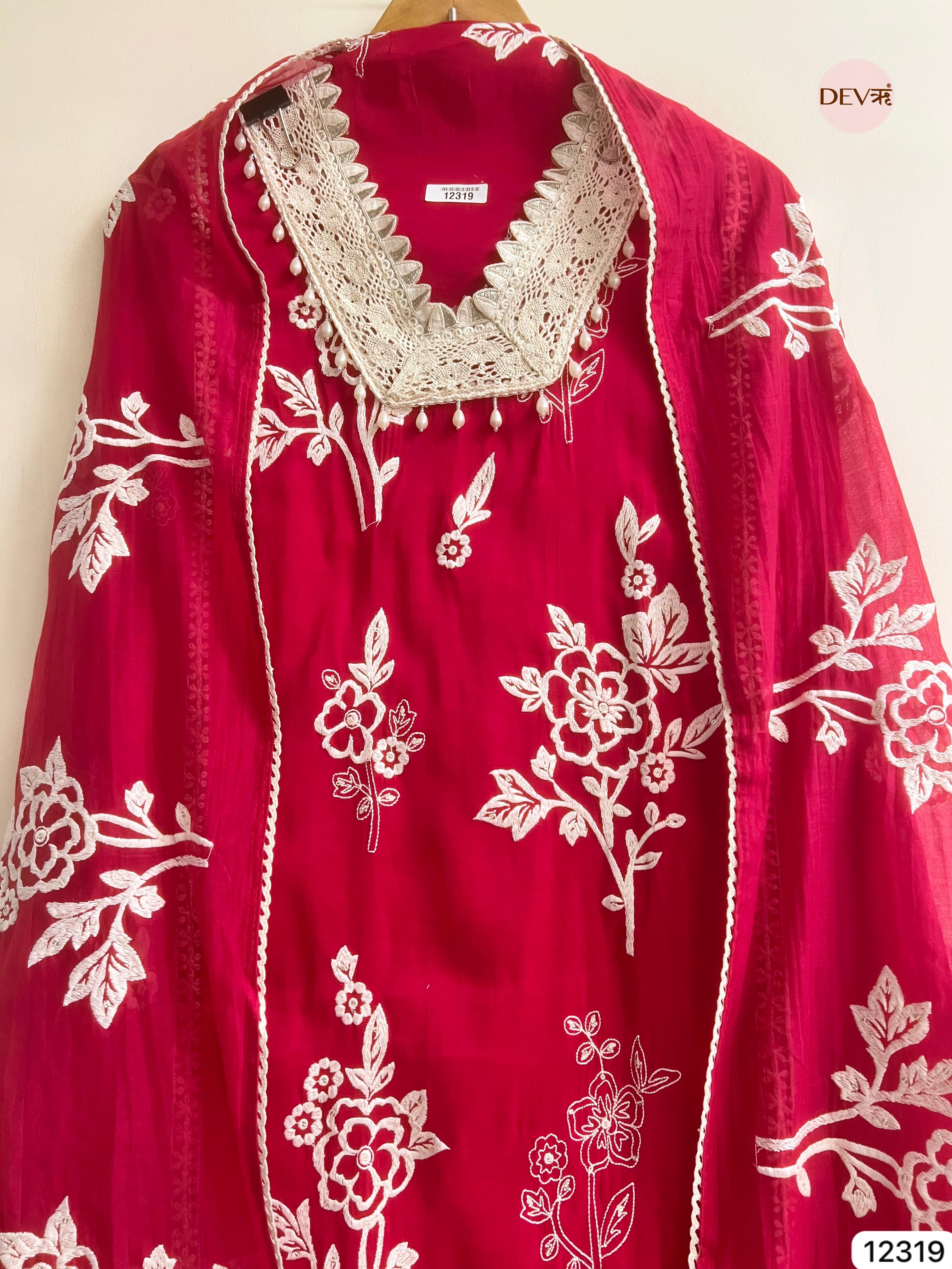 Deep Crimson Mul Chanderi Embroidered Unstitched 3-Piece Suit (Devri – D.No 12319)