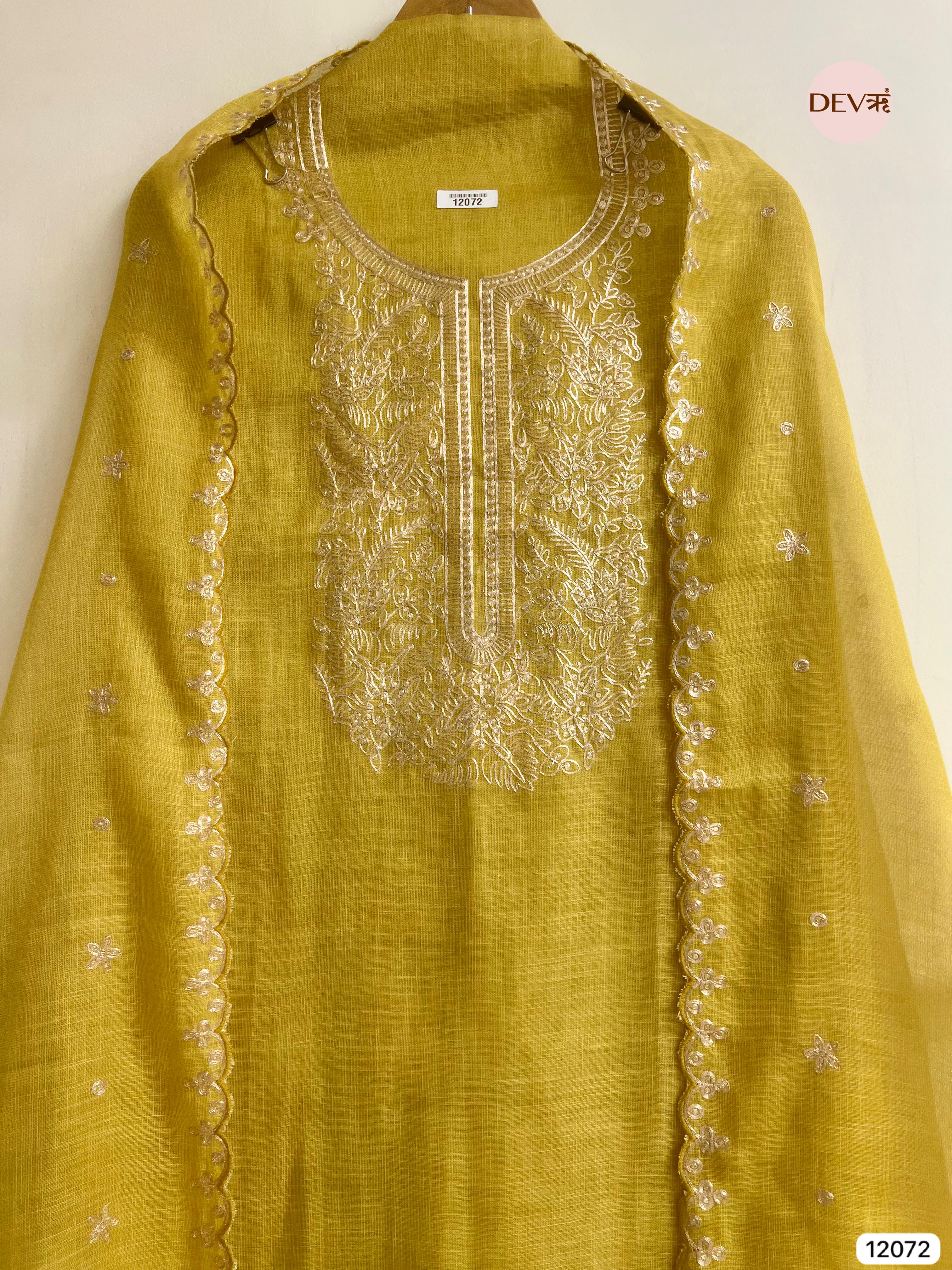 Yellow Pure Linen Unstitched Zardosi Embroidered -Set Of 3 - {12072}