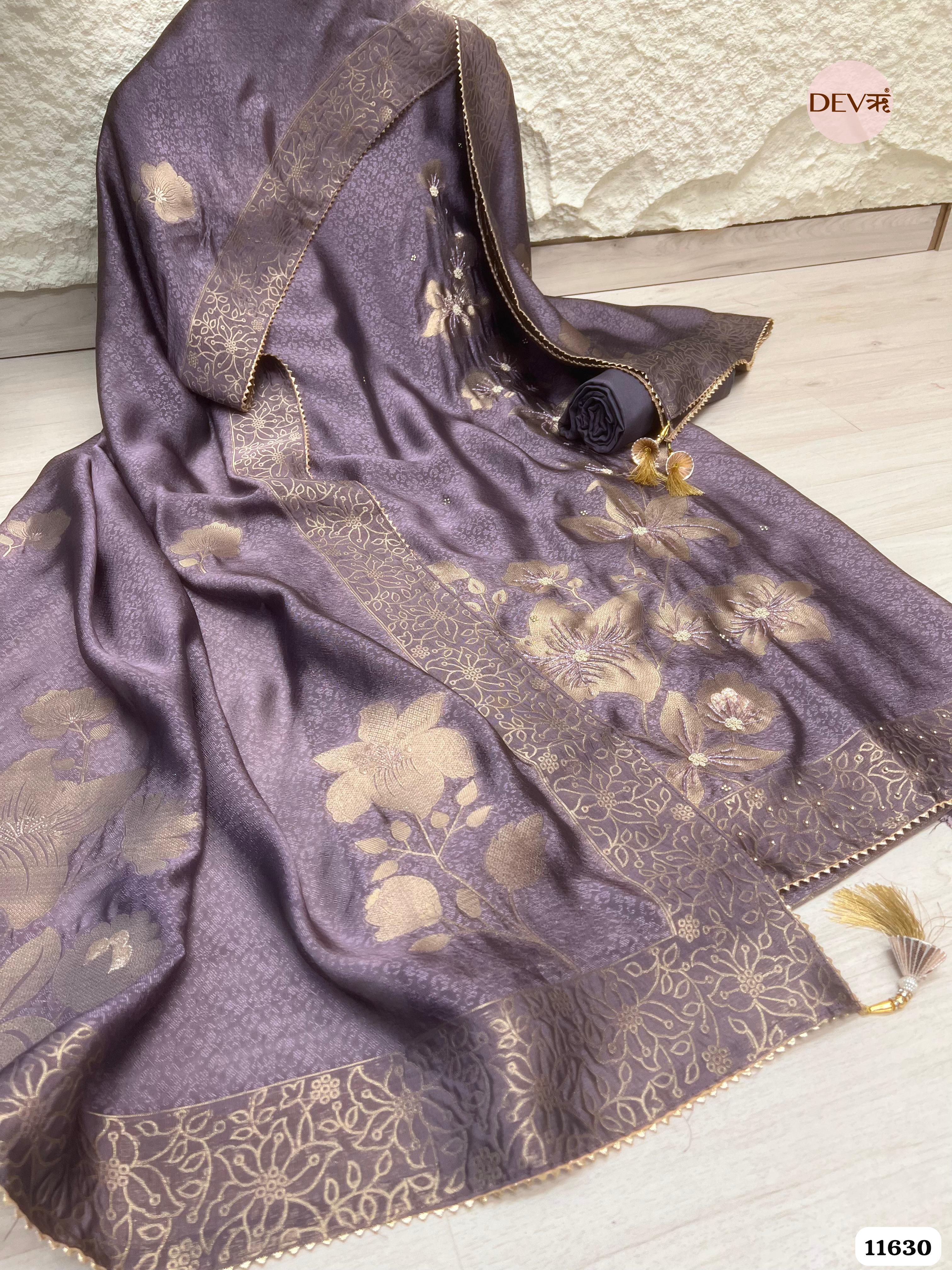 Purple Pure Dola Silk Banarasi Woven Unstitched Hand Embroidered -Set Of 3 {11630}