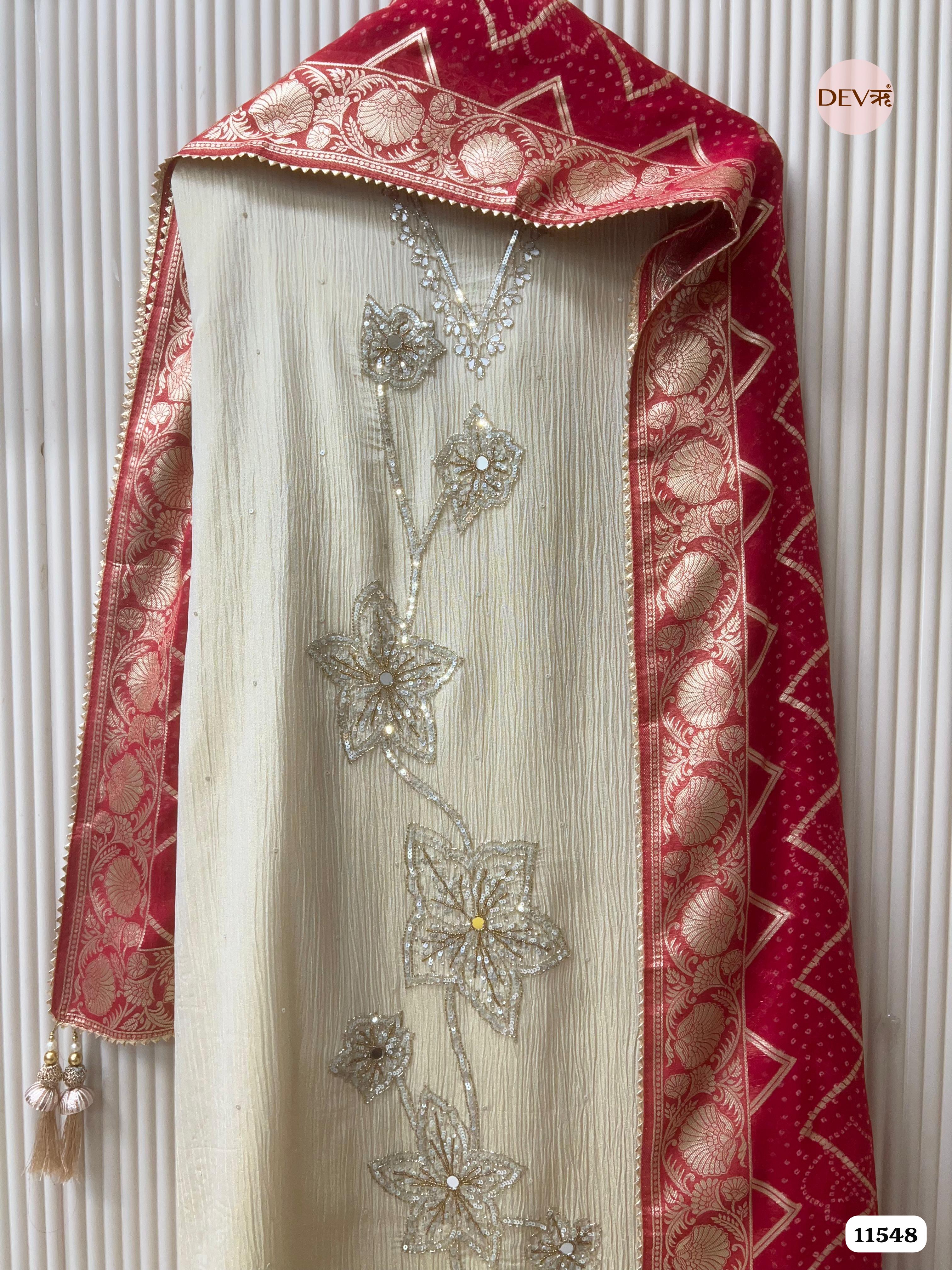 Creamy Pure Chino Unstitched Hand Embroidered -Set Of 3 {11548}