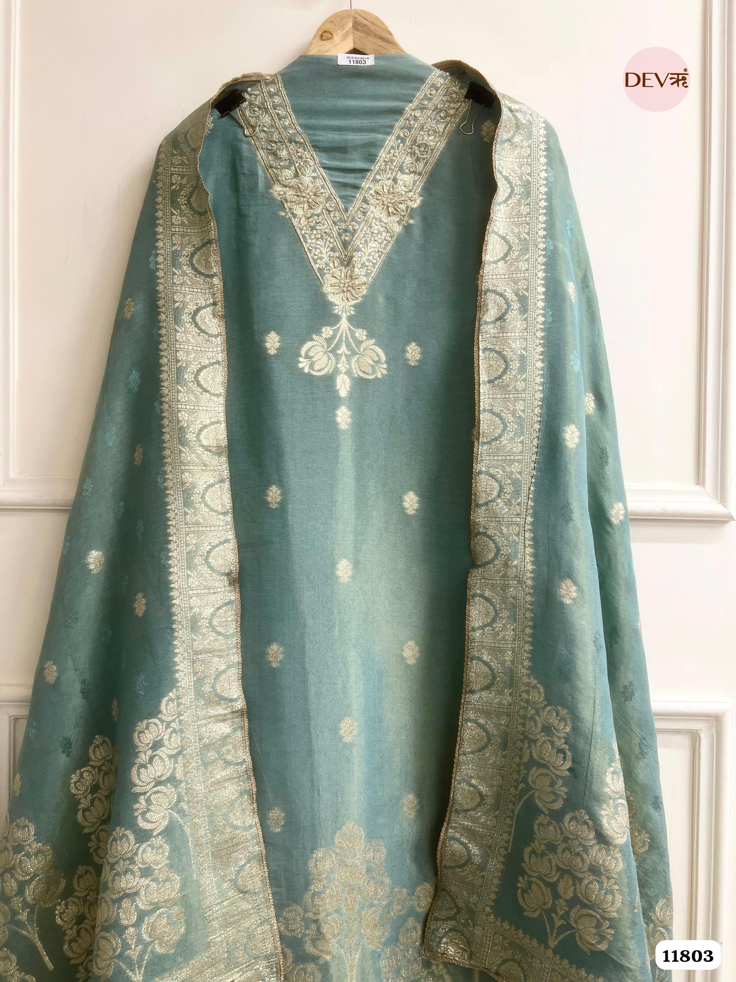 Green Tissue Silk Unstitched Banarasi Weave Hand Embroidered -Set Of 3 {11803}