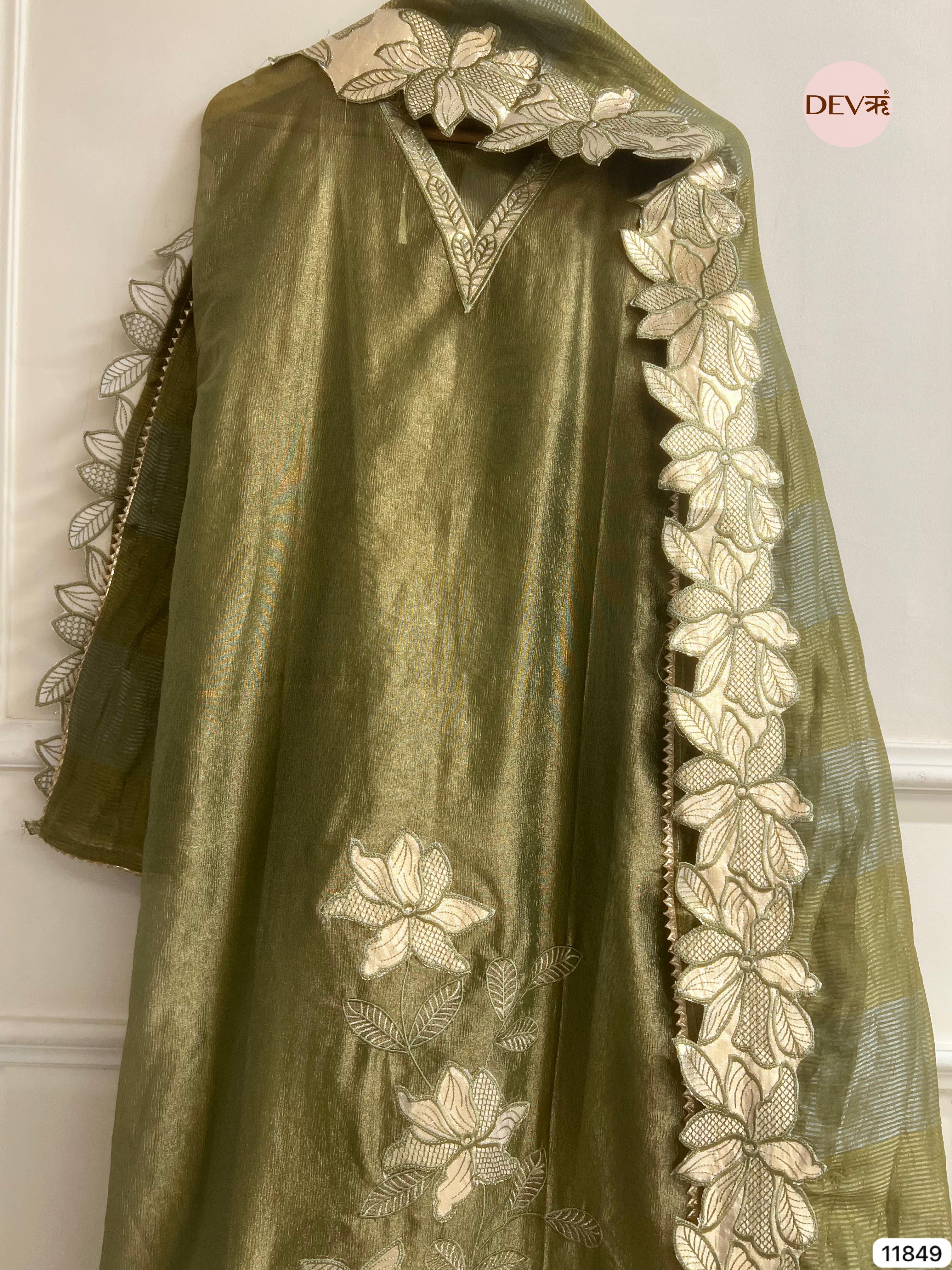 Green Tissue Silk Unstitched Embroidered -Set Of 3- {11849}