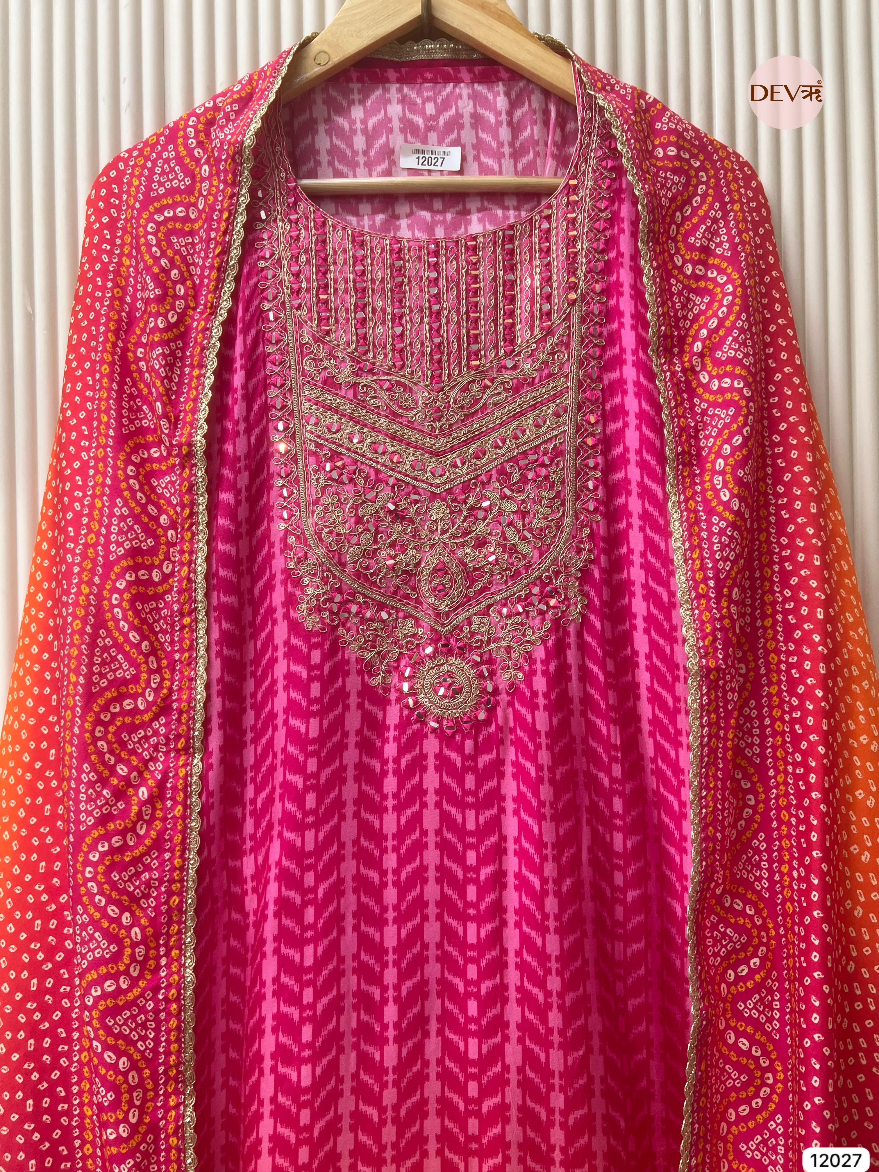 Pink Russian Silk Unstitched Printed Hand Embroidered -Set Of 3 - {12027}