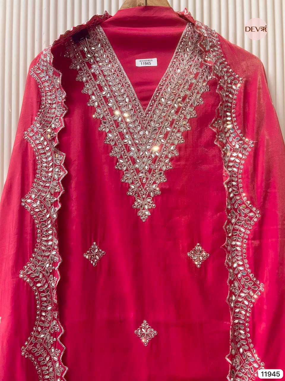 Red Modal Silk Unstitched Hand Embroidered -Set Of 3 - {11945}