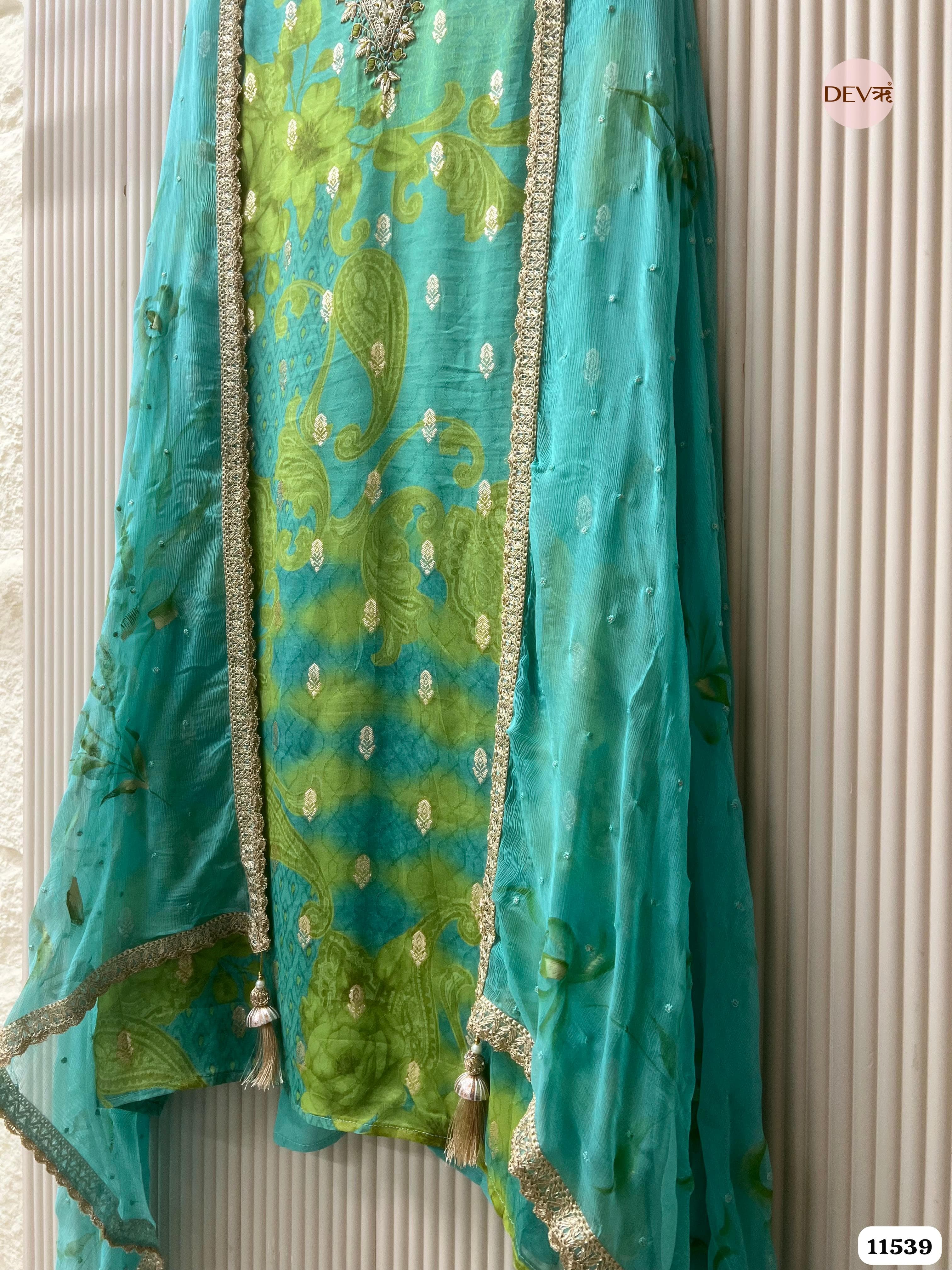 Green Pure Silk Unstitched Printed Hand Embroidered -Set Of 3 {11539}