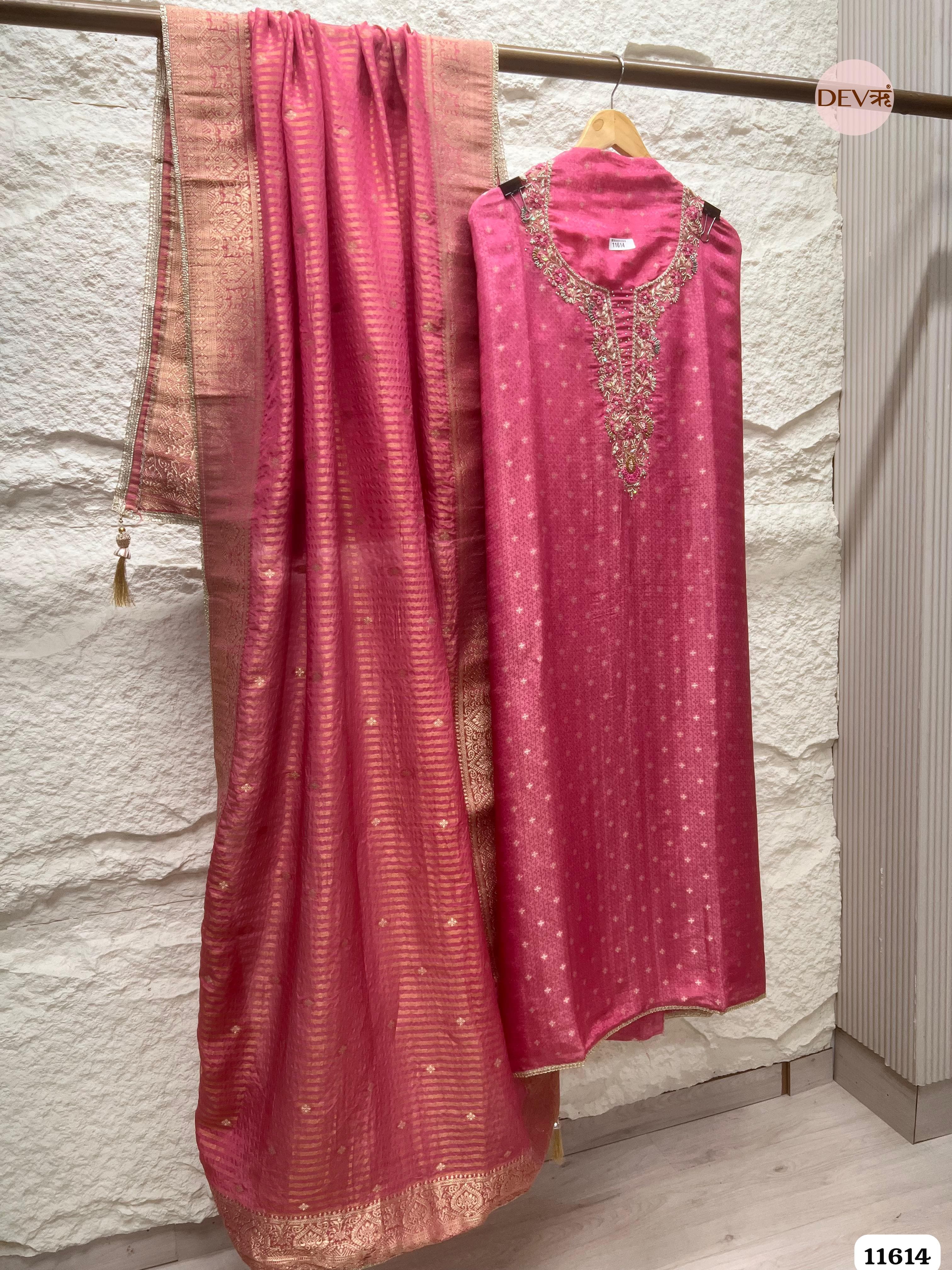 Rose Pink Pure Tissue Banarasi Silk Unstitched Hand Embroidered -Set Of 3 {11614}