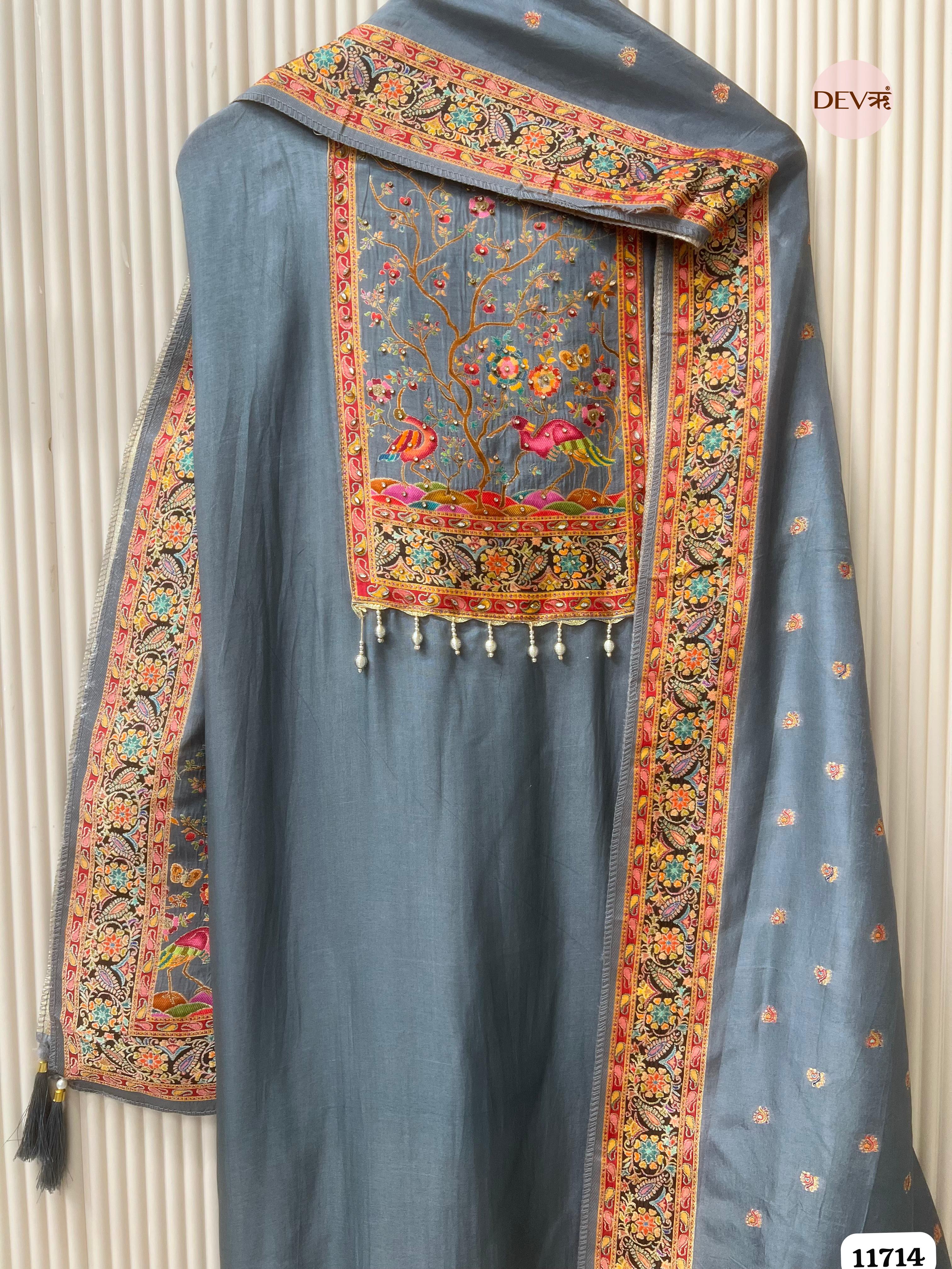 Grey Dola Silk Unstitched Banarasi Woven Hand Embroidered -Set Of 3- {11714}