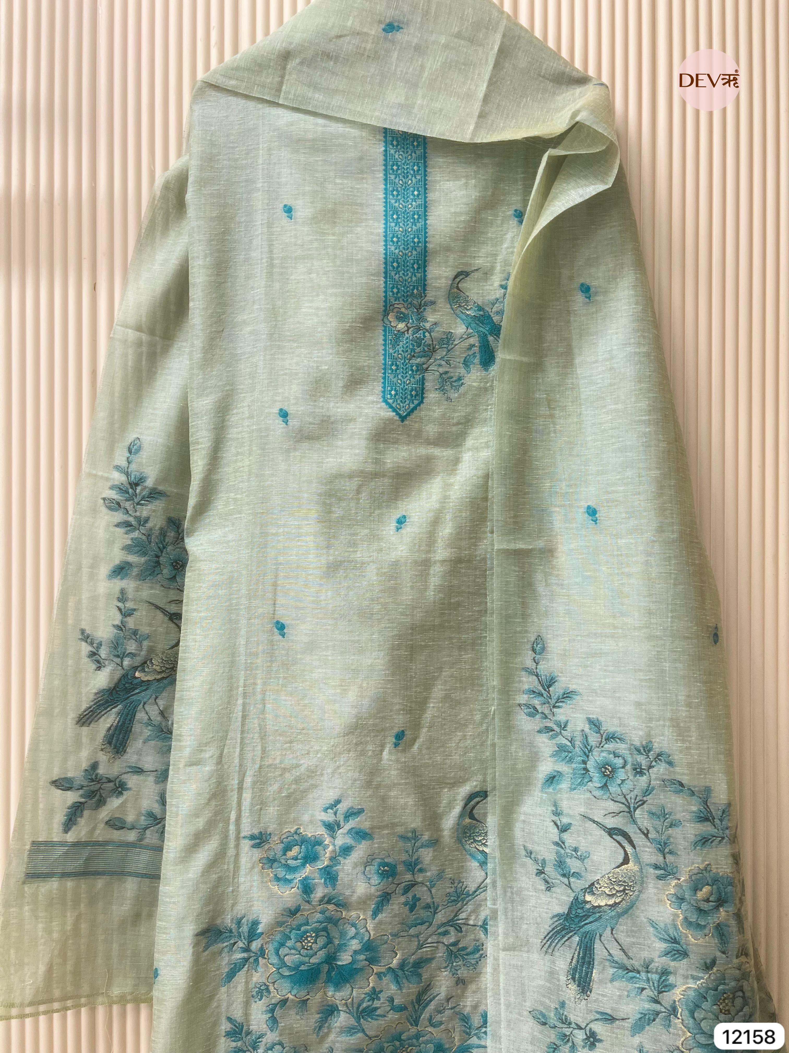 {12158} Green Jamdani Linen Unstitched - Set Of 3