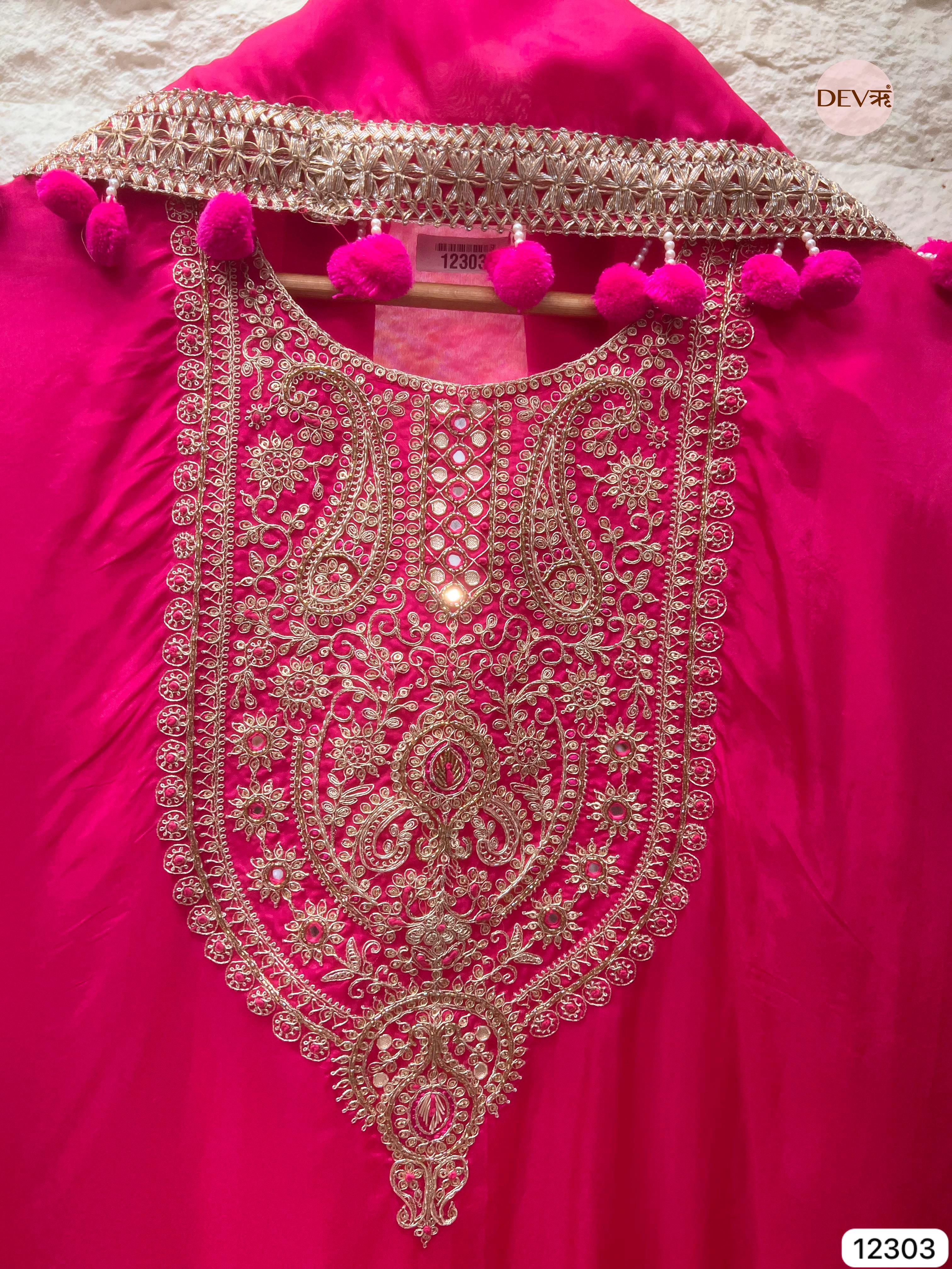 Rani Pink Glass Organza Embroidered Unstitched 3-Piece Suit (Devri – D.No 12303)