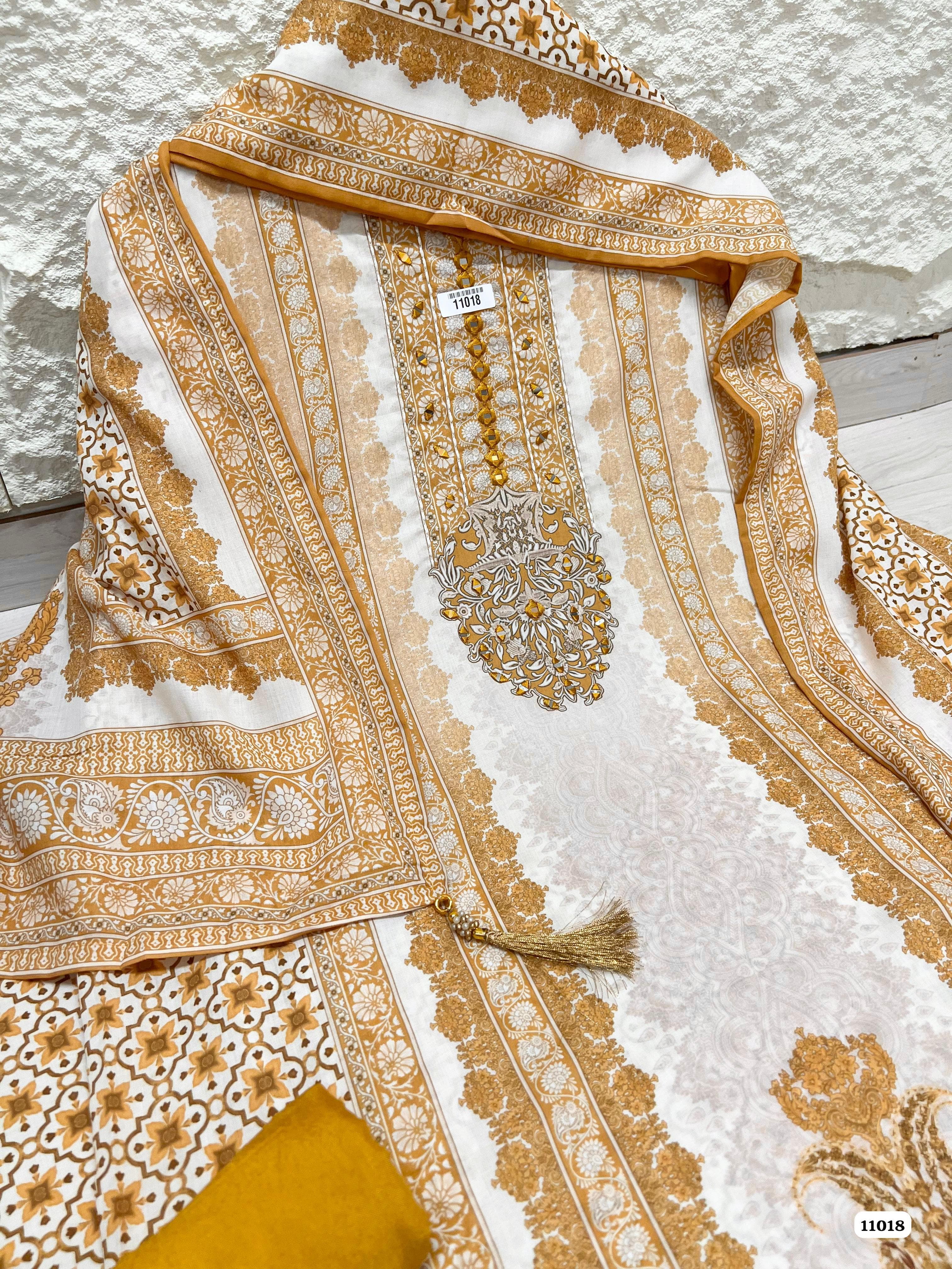 Yellow  Cotton Unstitched Printed Hand Embidered -Set Of 3 {11018}