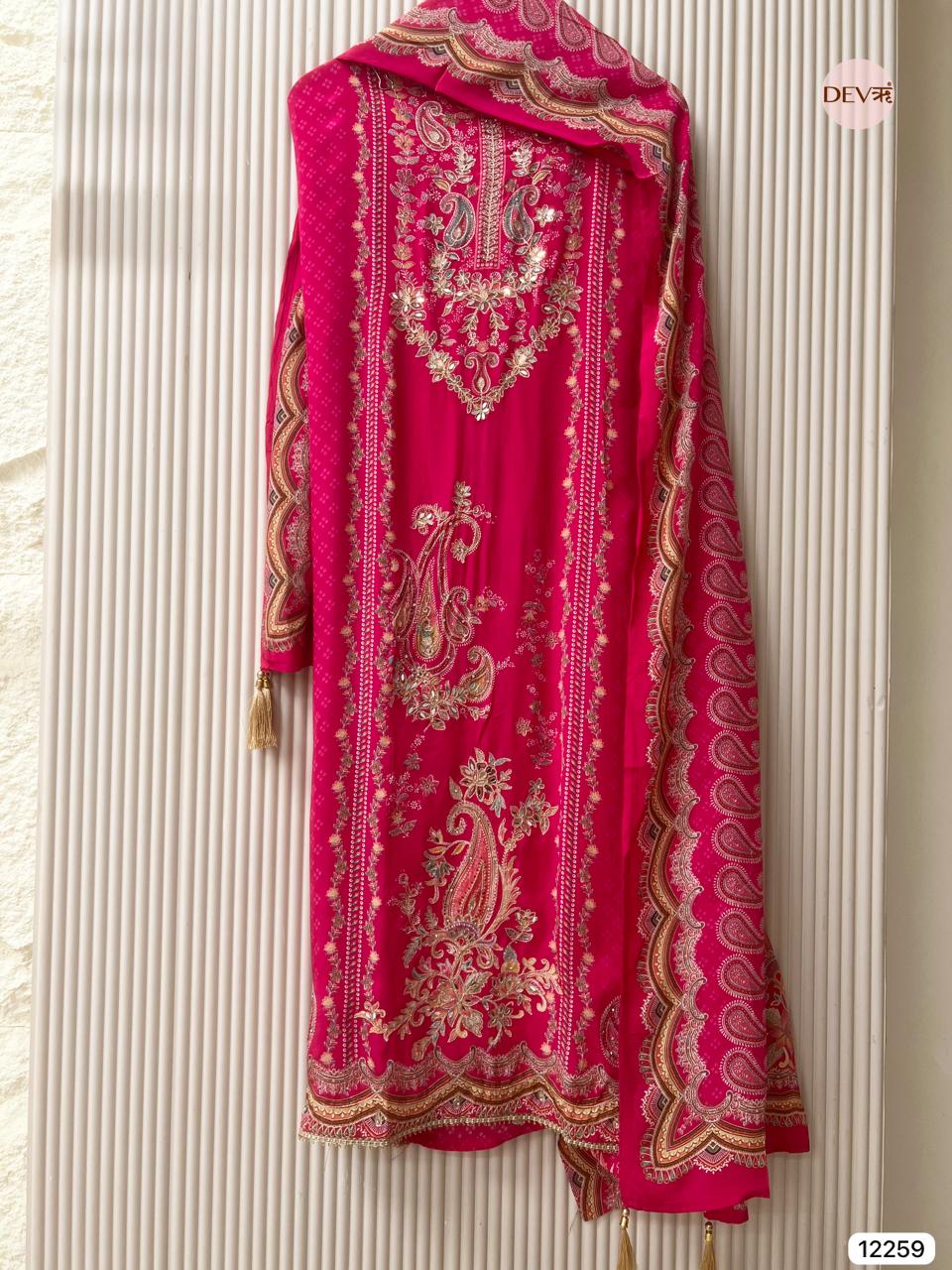 Fuchsia Pure Crepe Embroidered Unstitched 3-Piece Suit (Devri – D.No 12259)